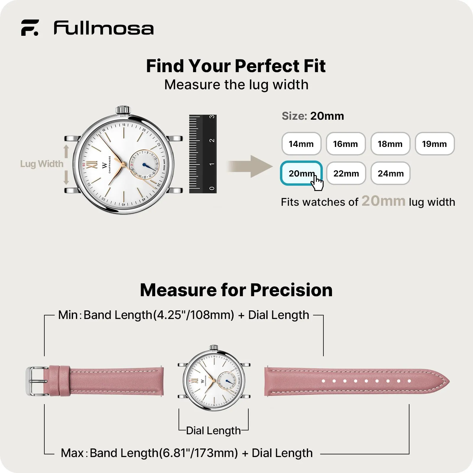 Fullmosa Cinturino in Pelle 20mm a Sgancio Rapido, Rosa - immagine 5