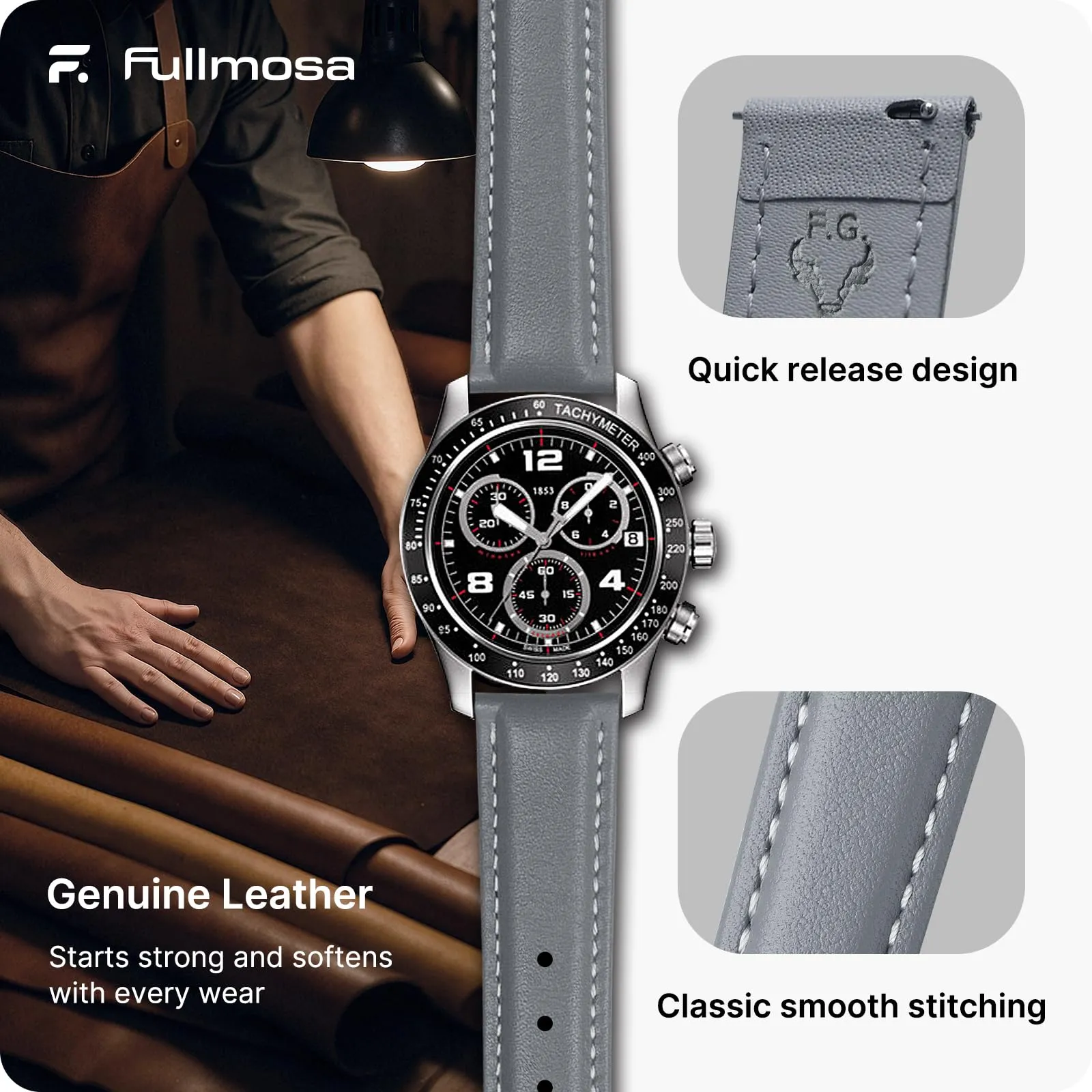 Fullmosa Cinturino per Orologio 18mm in Pelle a Sgancio Rapido, Grigio - immagine 4