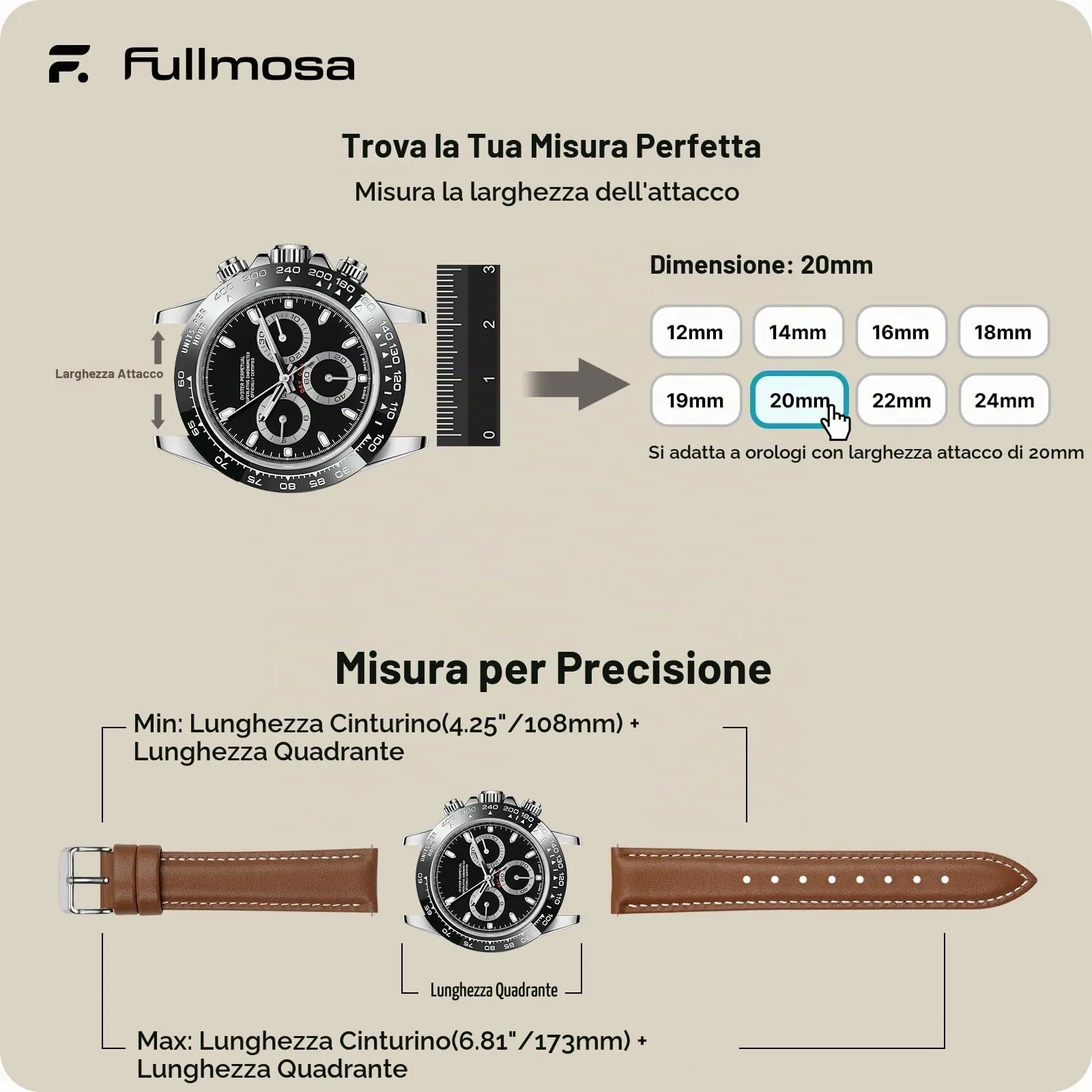 Fullmosa Cinturino in Pelle 20mm a Sgancio Rapido, Marrone - immagine 5