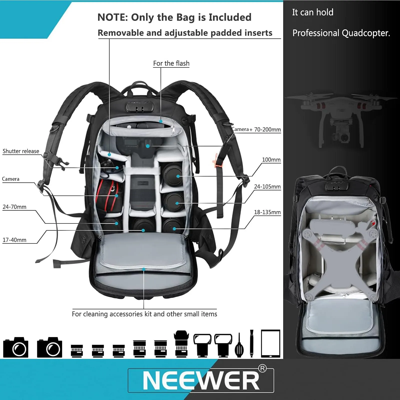 Neewer Zaino Fotografico Professionale Impermeabile Antiurto con Serratura Antifurto per DJI Phantom 1 2 3, DSLR, Treppiedi e Obiettivi - immagine 3