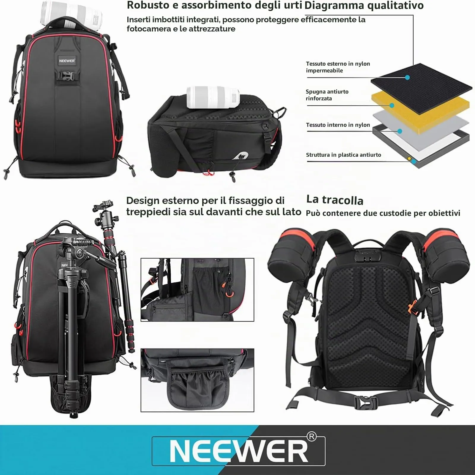 Neewer Zaino Fotografico Professionale Impermeabile Antiurto con Serratura Antifurto per DJI Phantom 1 2 3, DSLR, Treppiedi e Obiettivi - immagine 6