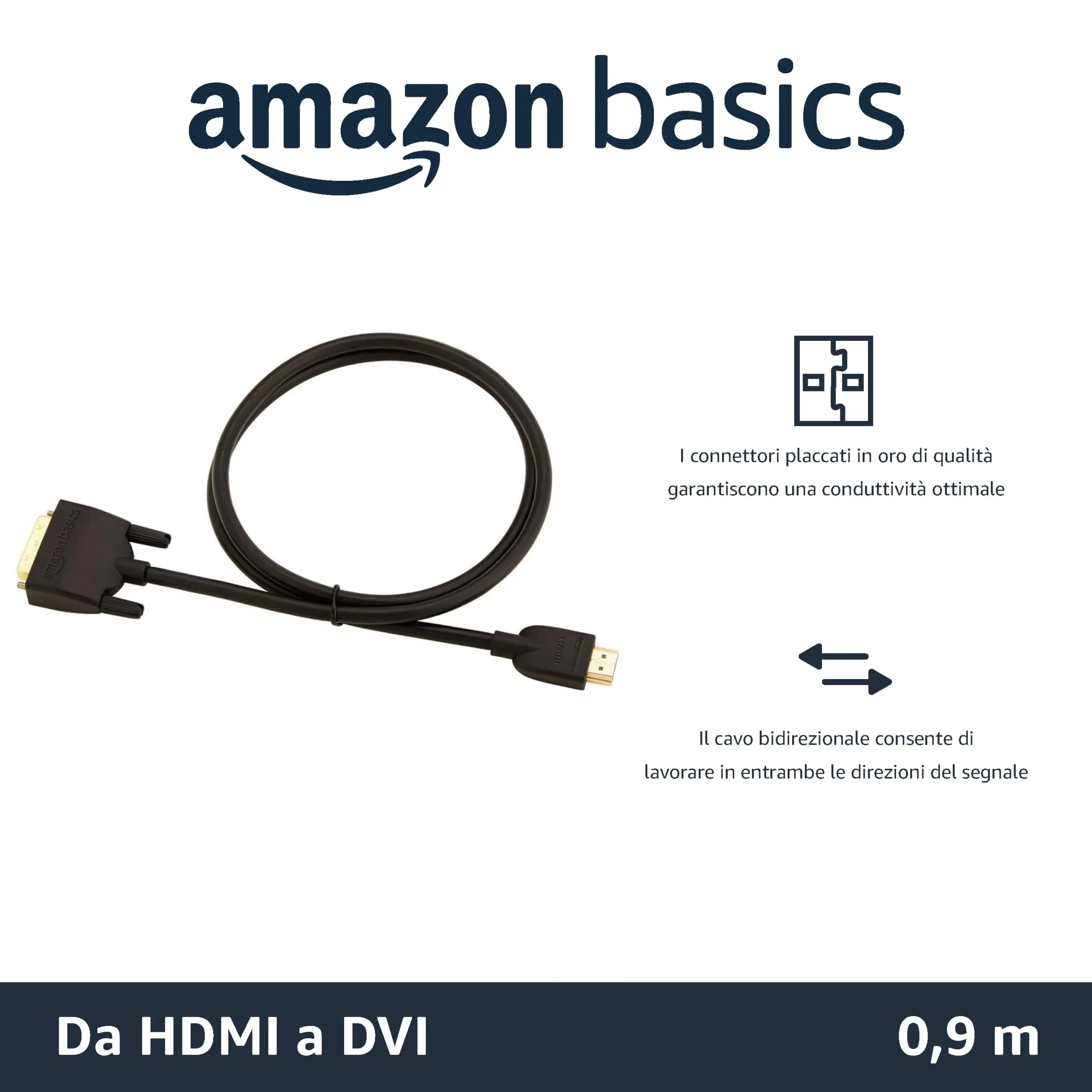 Amazon Basics Cavo Adattatore HDMI-A a DVI, Bidirezionale, 1080P, Placcato Oro, 0.9 m, Nero, Confezione da 10 - immagine 2