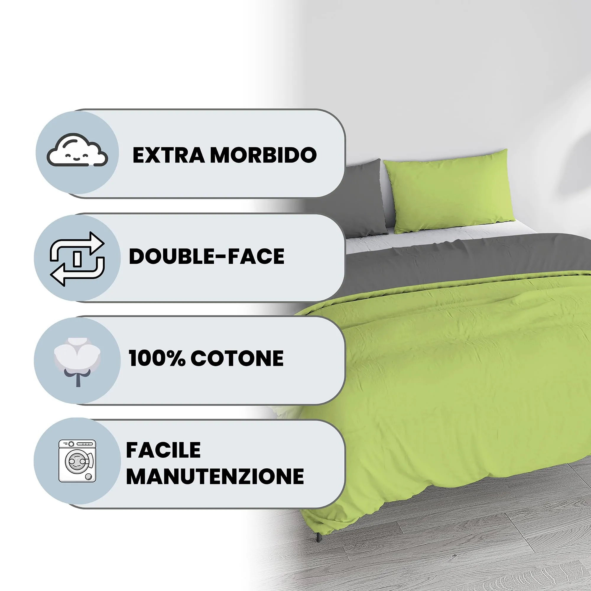 Italian Bed Linen Set Copripiumino 100% Cotone, Matrimoniale, 250x200 cm, Verde Acido/Grigio Scuro - immagine 2