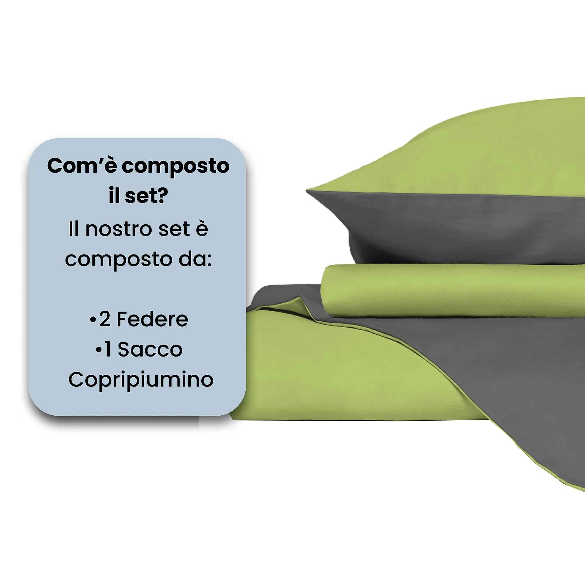 Italian Bed Linen Set Copripiumino 100% Cotone, Matrimoniale, 250x200 cm, Verde Acido/Grigio Scuro - immagine 4