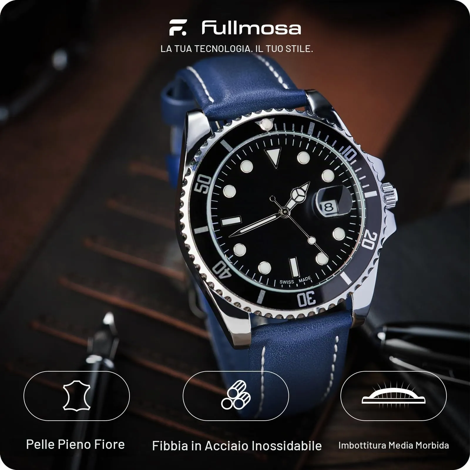Fullmosa Cinturino in Pelle 24mm a Sgancio Rapido, Blu Scuro - immagine 2