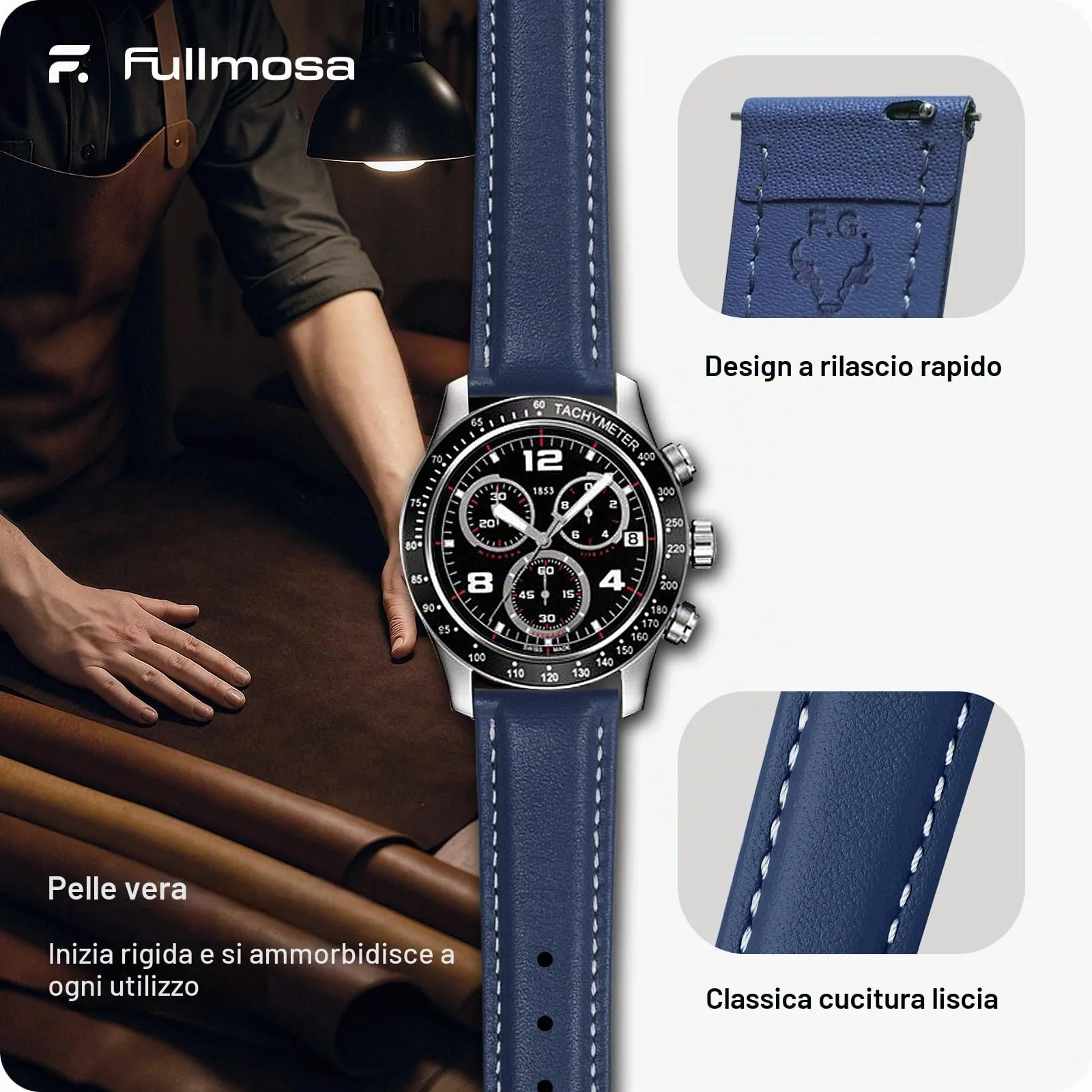 Fullmosa Cinturino in Pelle 24mm a Sgancio Rapido, Blu Scuro - immagine 4