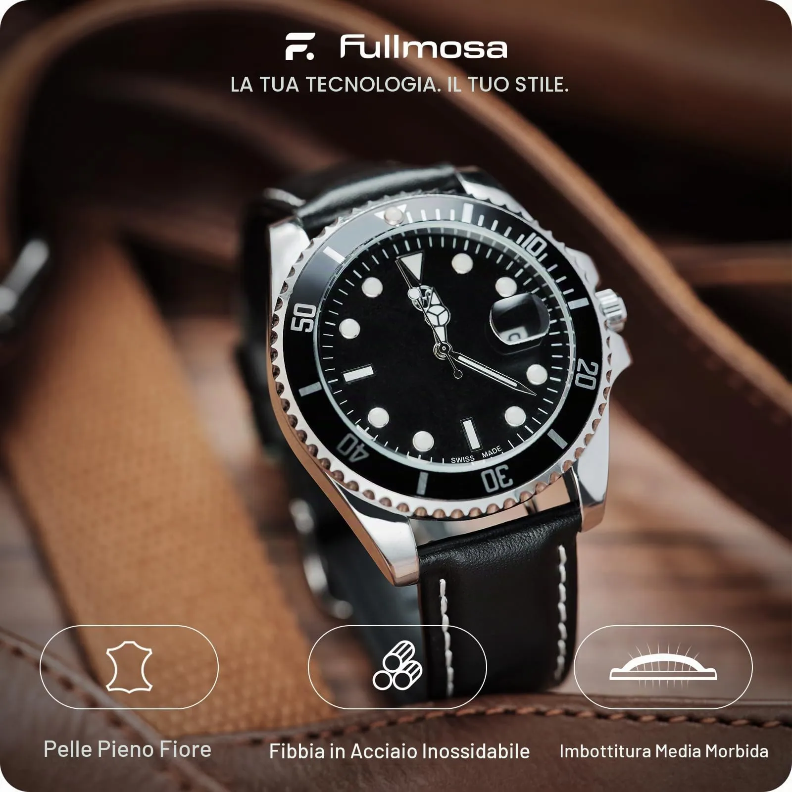 Fullmosa Cinturino in Pelle 24mm per Orologio a Sgancio Rapido, Nero - immagine 2
