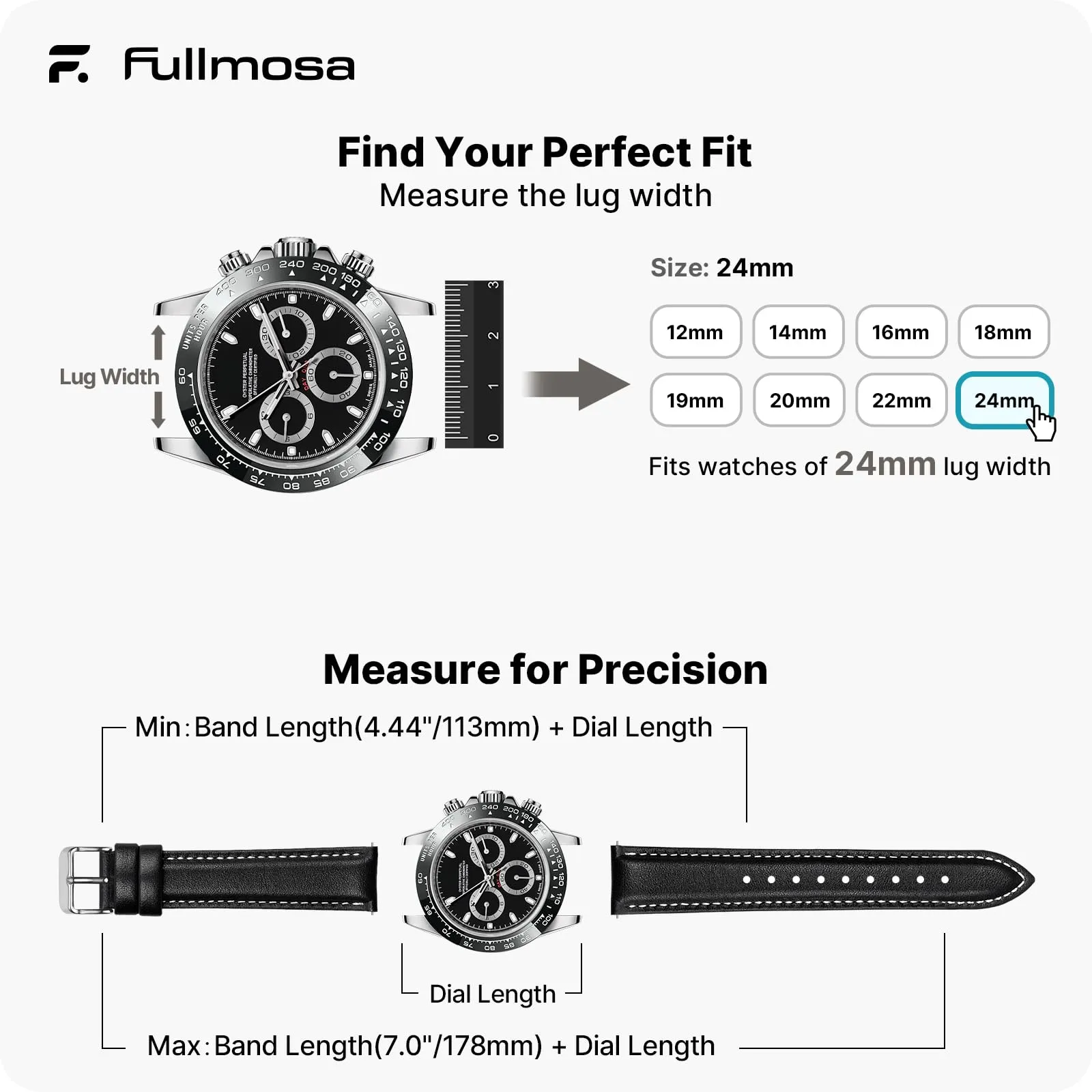 Fullmosa Cinturino in Pelle 24mm per Orologio a Sgancio Rapido, Nero - immagine 5