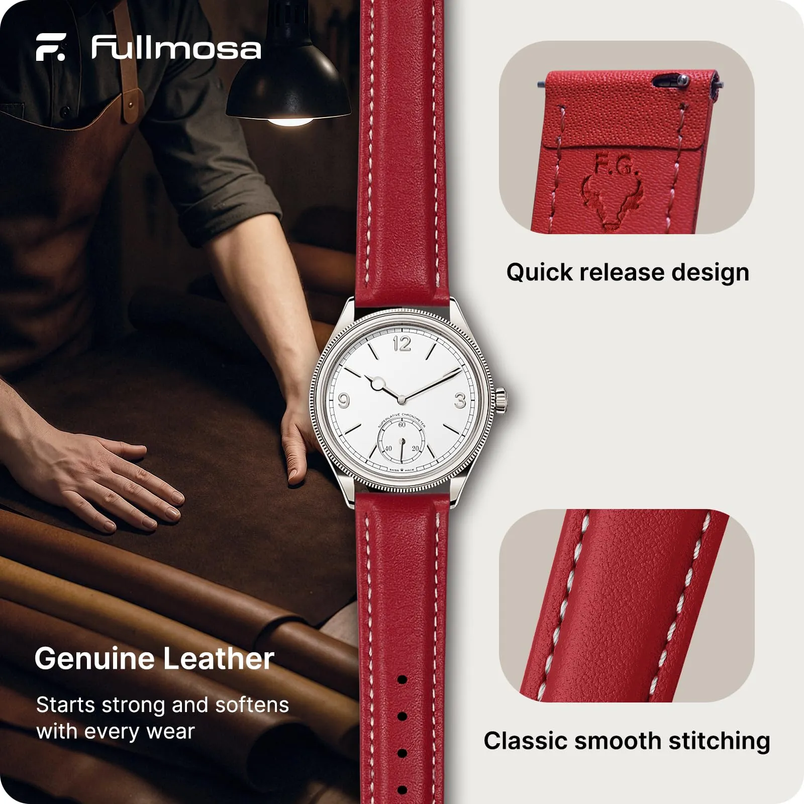 Fullmosa Cinturino per Orologio in Pelle a Sgancio Rapido, 18mm, Rosso - immagine 4