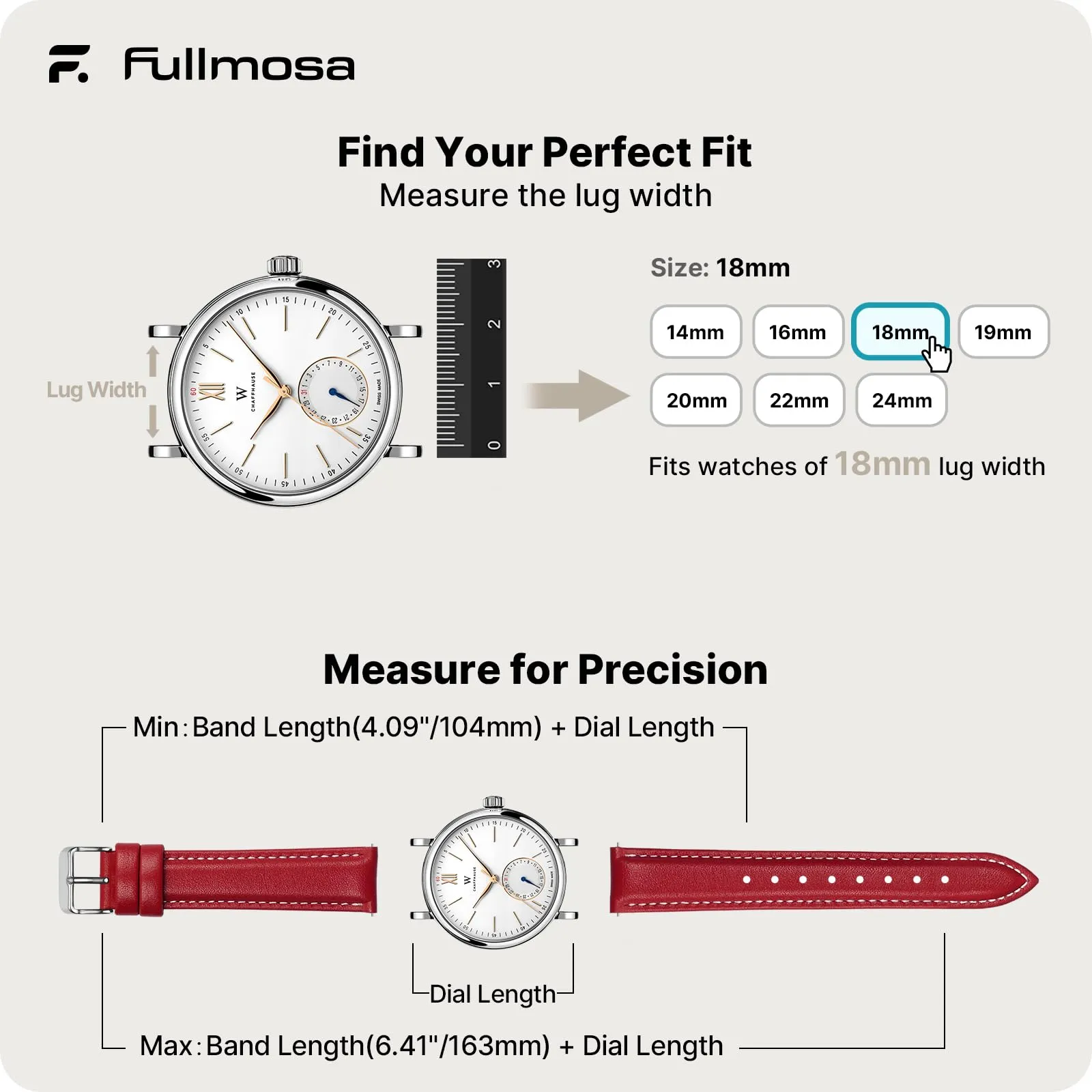 Fullmosa Cinturino per Orologio in Pelle a Sgancio Rapido, 18mm, Rosso - immagine 5