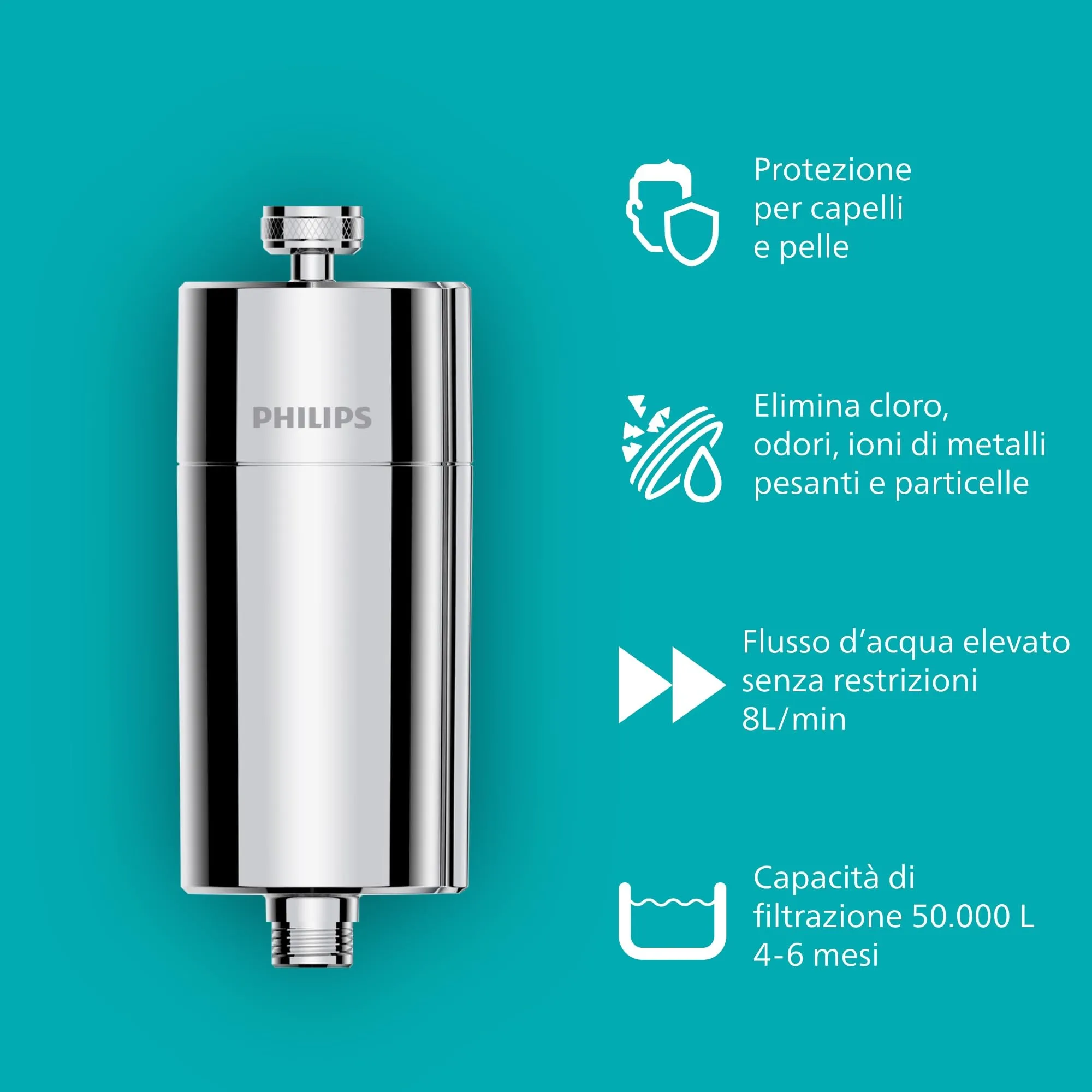 Philips Filtro Doccia In-Line AWP175, Cromo, Filtrazione 50.000L - immagine 2