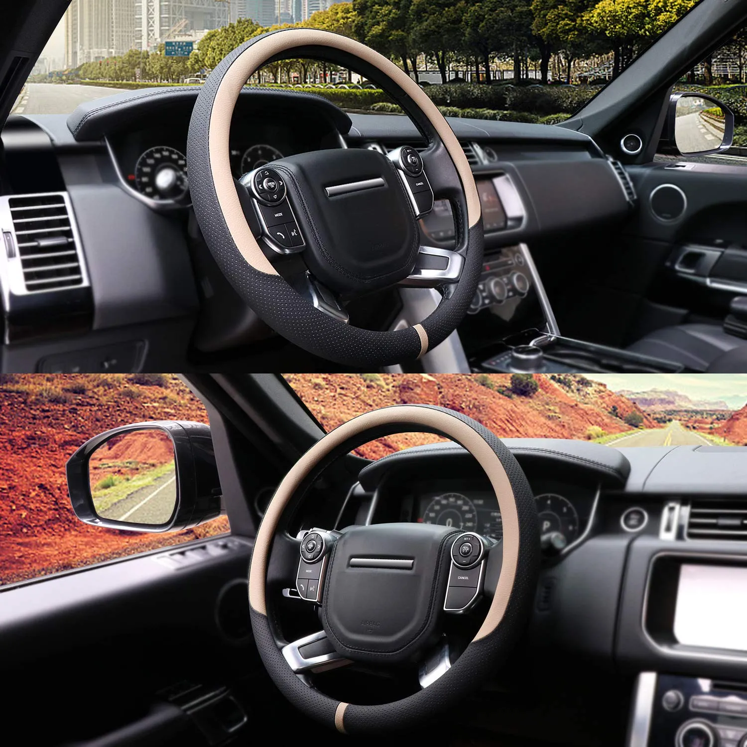 COFIT Coprivolante Auto in Pelle Microfibra Traspirante e Antiscivolo, Rotondo Universale L 39-40.5cm, Beige e Nero - immagine 2