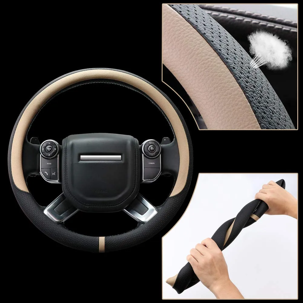 COFIT Coprivolante Auto in Pelle Microfibra Traspirante e Antiscivolo, Rotondo Universale L 39-40.5cm, Beige e Nero - immagine 3