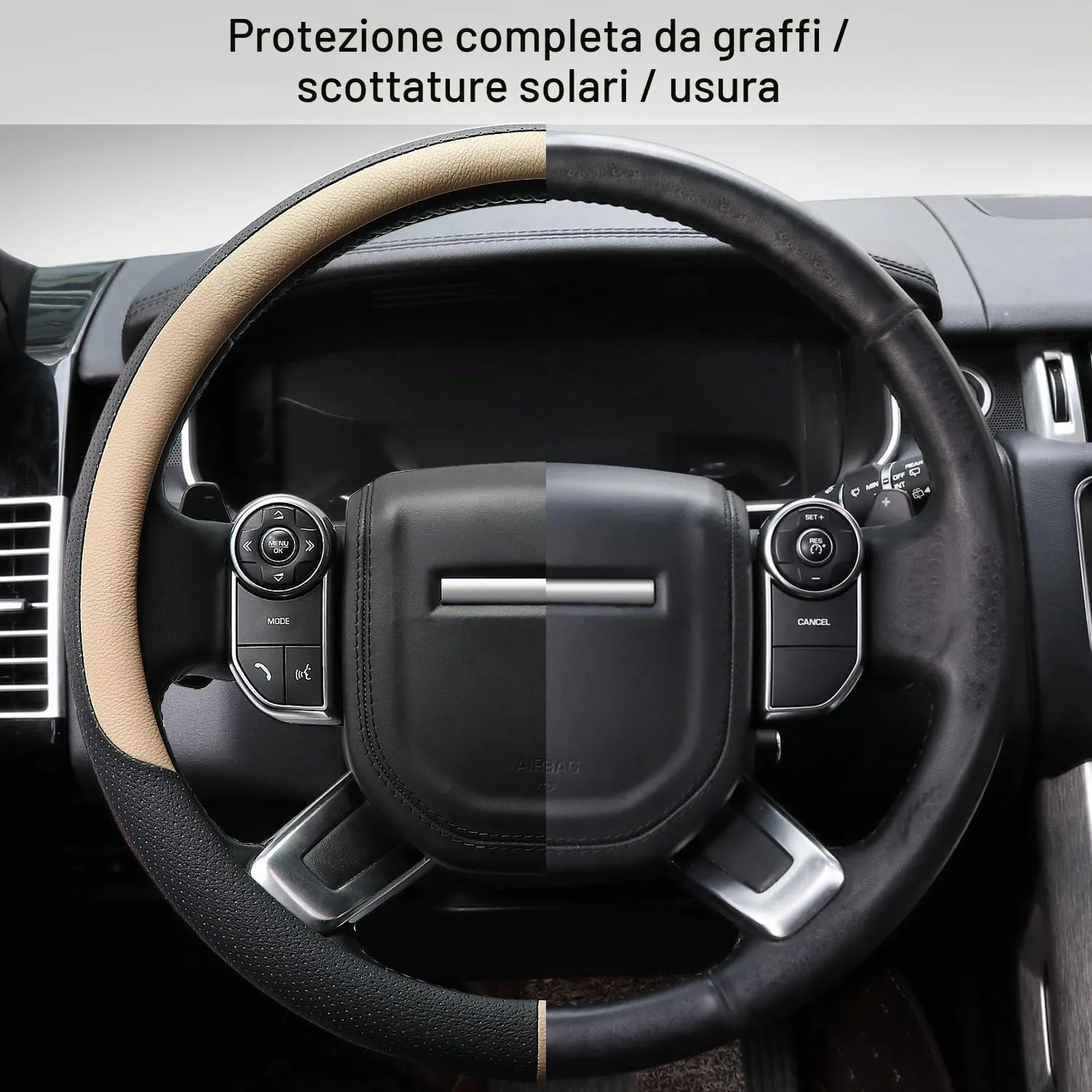 COFIT Coprivolante Auto in Pelle Microfibra Traspirante e Antiscivolo, Rotondo Universale L 39-40.5cm, Beige e Nero - immagine 5