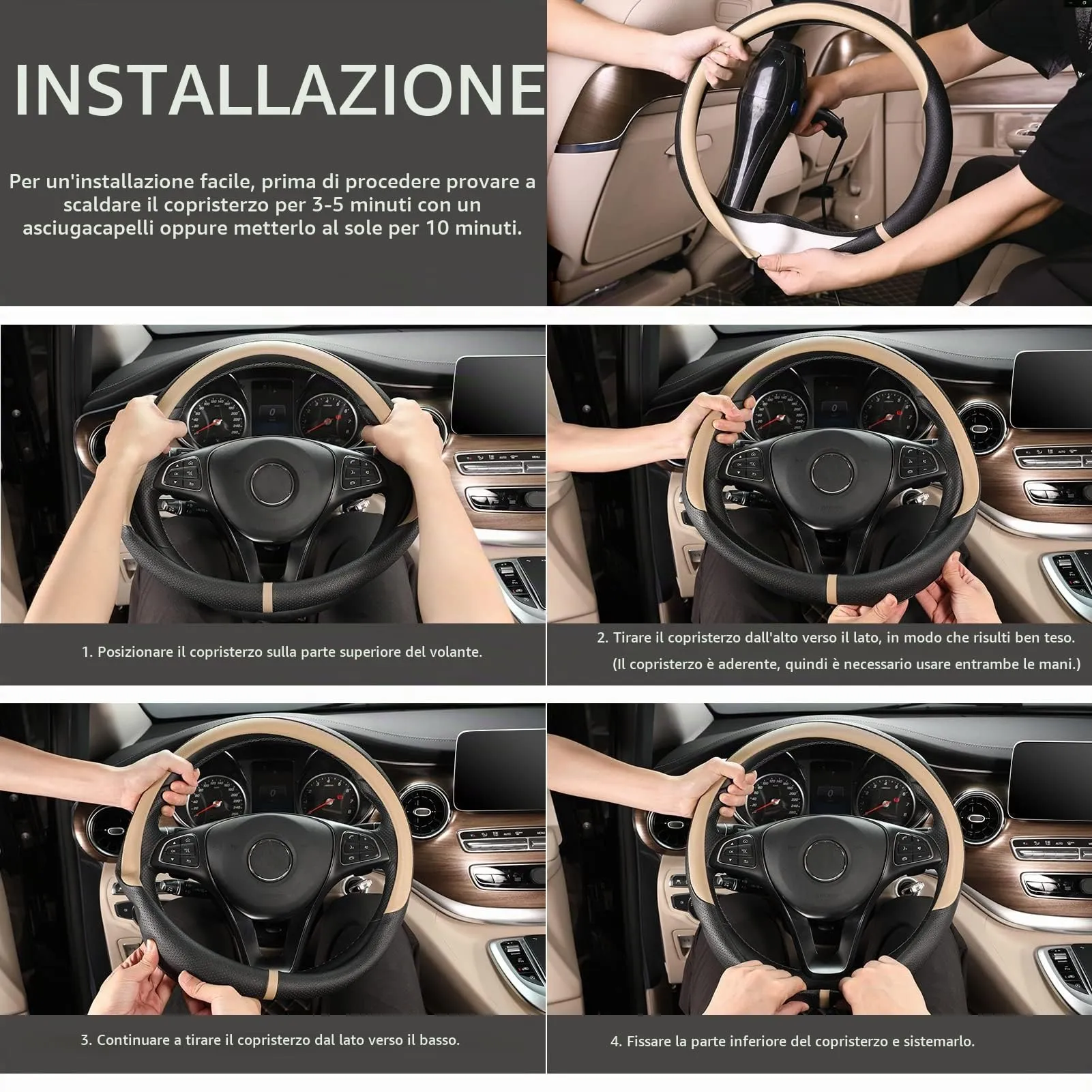 COFIT Coprivolante Auto in Pelle Microfibra Traspirante e Antiscivolo, Rotondo Universale L 39-40.5cm, Beige e Nero - immagine 6
