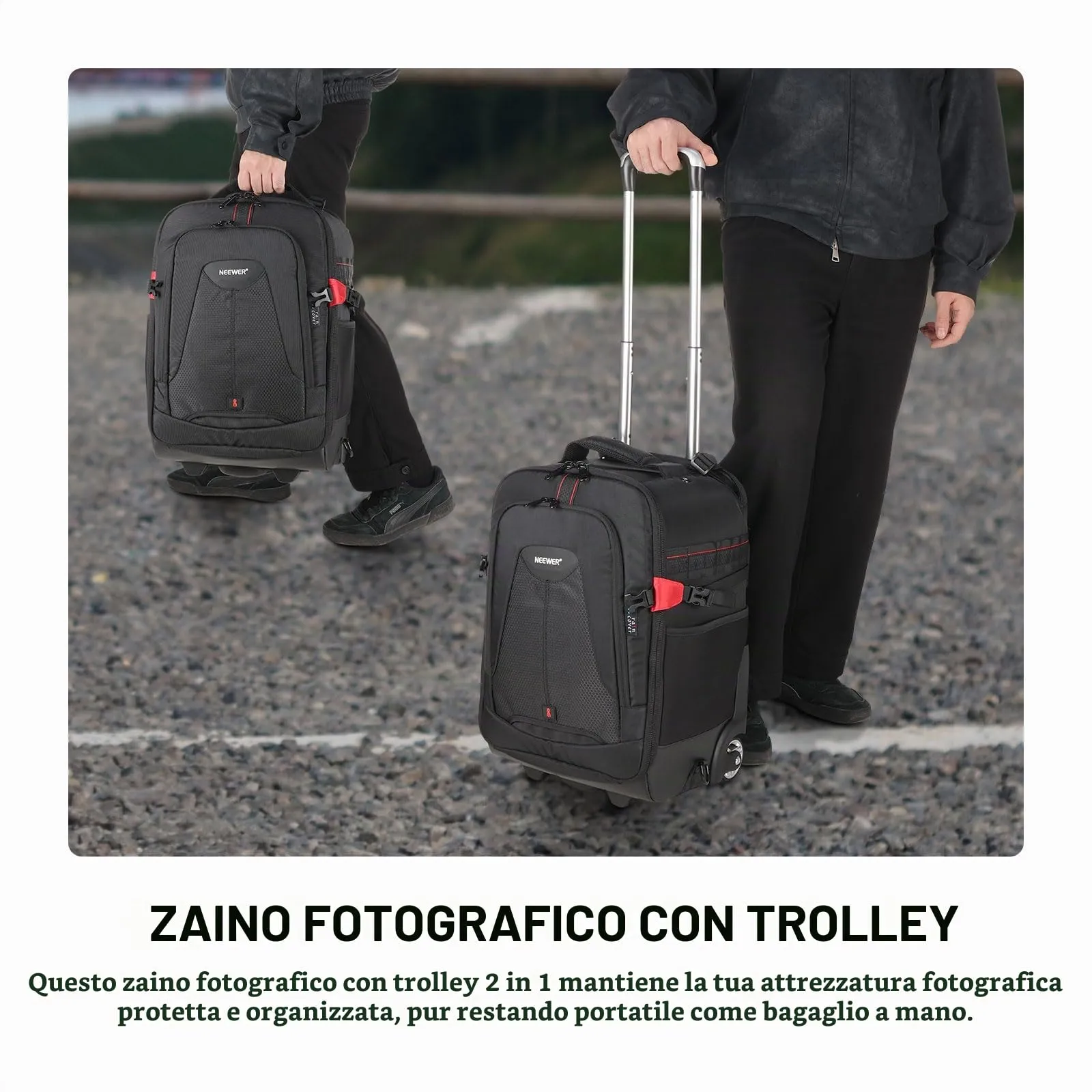 Neewer Zaino 2-in-1 con Ruote per Fotocamera SLR/DSLR, Resistente all'Acqua e Antiurto - immagine 3
