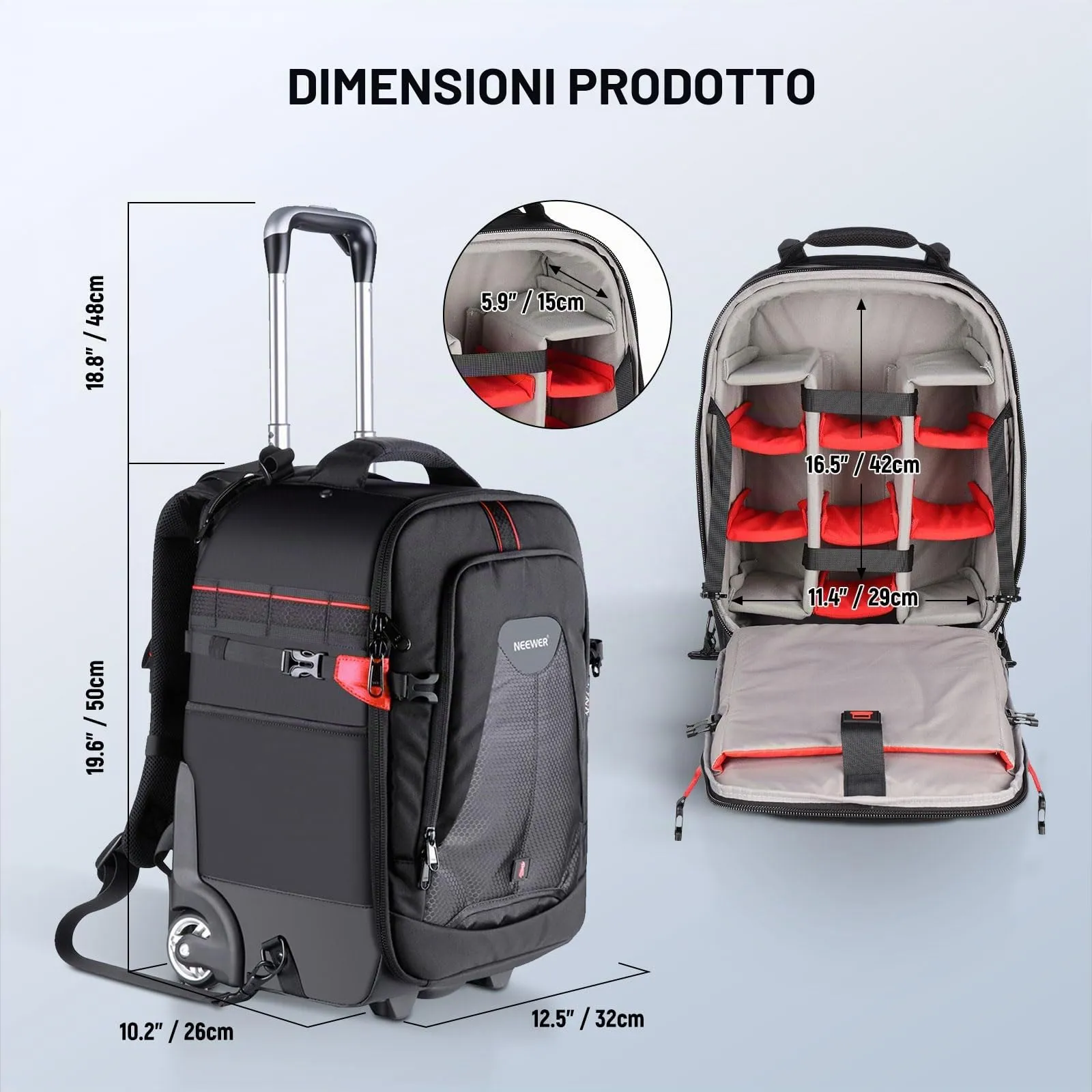 Neewer Zaino 2-in-1 con Ruote per Fotocamera SLR/DSLR, Resistente all'Acqua e Antiurto - immagine 5