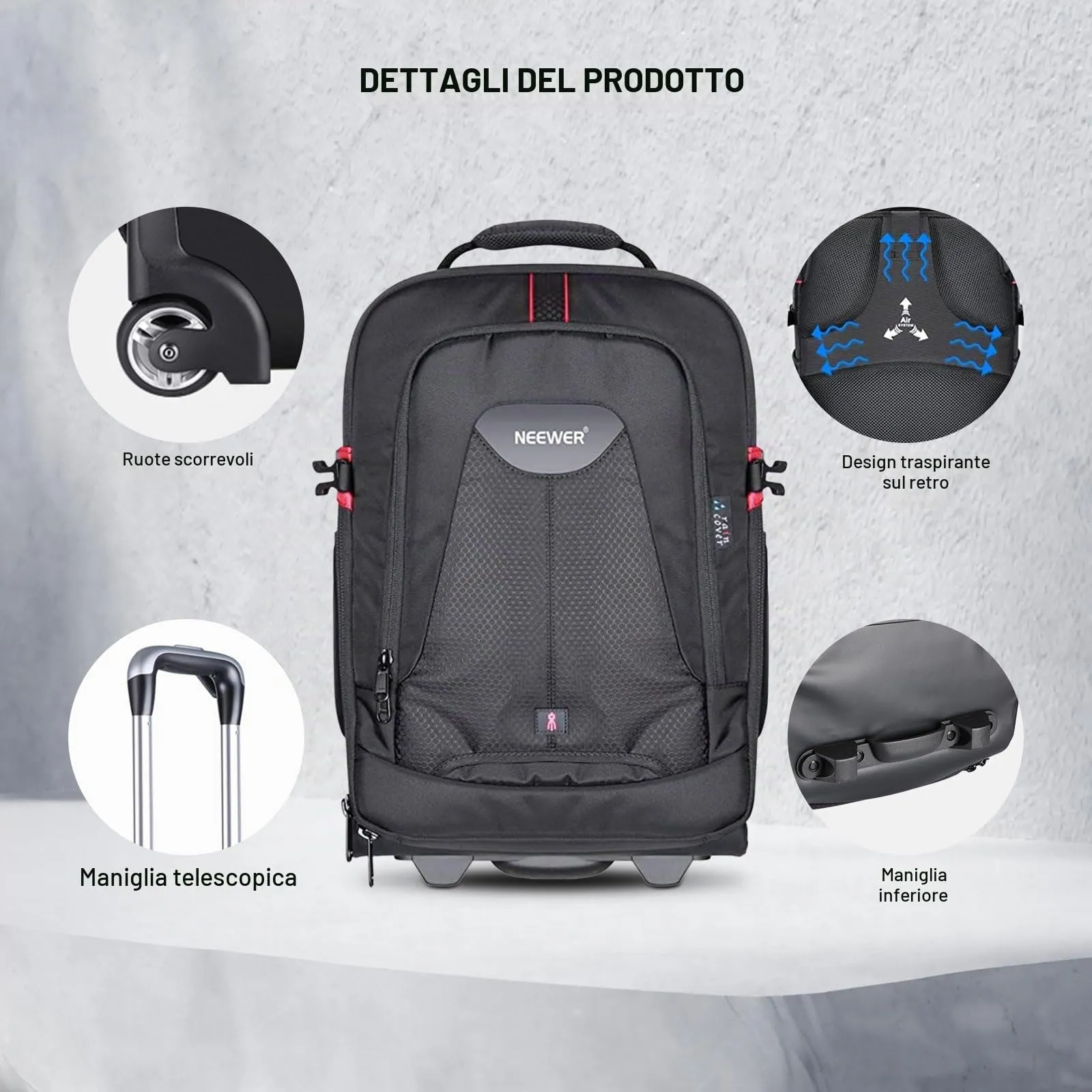 Neewer Zaino 2-in-1 con Ruote per Fotocamera SLR/DSLR, Resistente all'Acqua e Antiurto - immagine 8