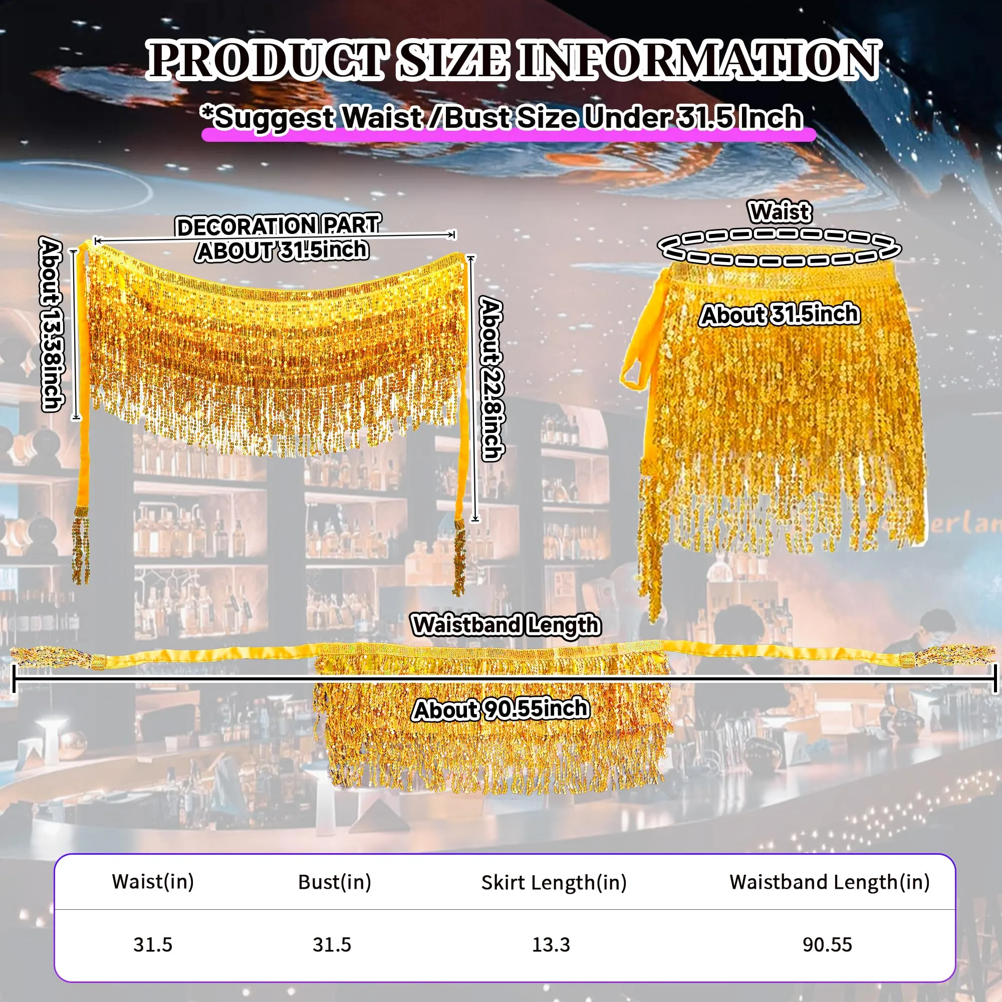 Baisdan Gonna con Paillettes e Nappe per Danza del Ventre, Oro - immagine 3