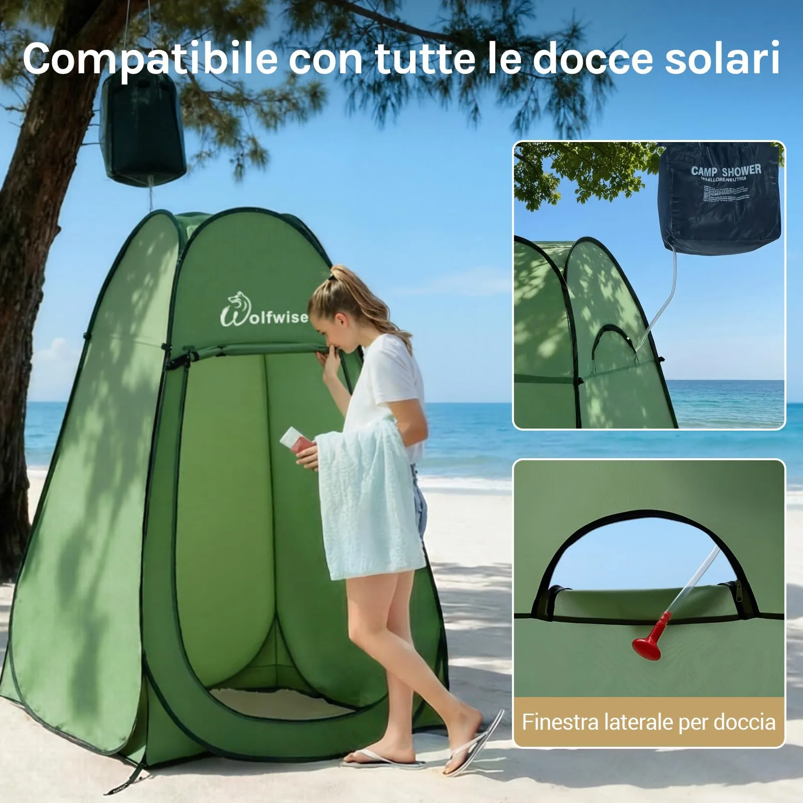 Wolfwise Tenda Doccia Campeggio Pop-Up, Spogliatoio Portatile e Pieghevole, 120 x 120 x 190 cm, Verde - immagine 4