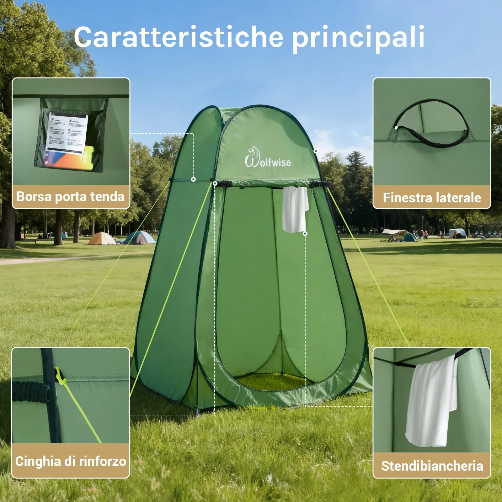 Wolfwise Tenda Doccia Campeggio Pop-Up, Spogliatoio Portatile e Pieghevole, 120 x 120 x 190 cm, Verde - immagine 7