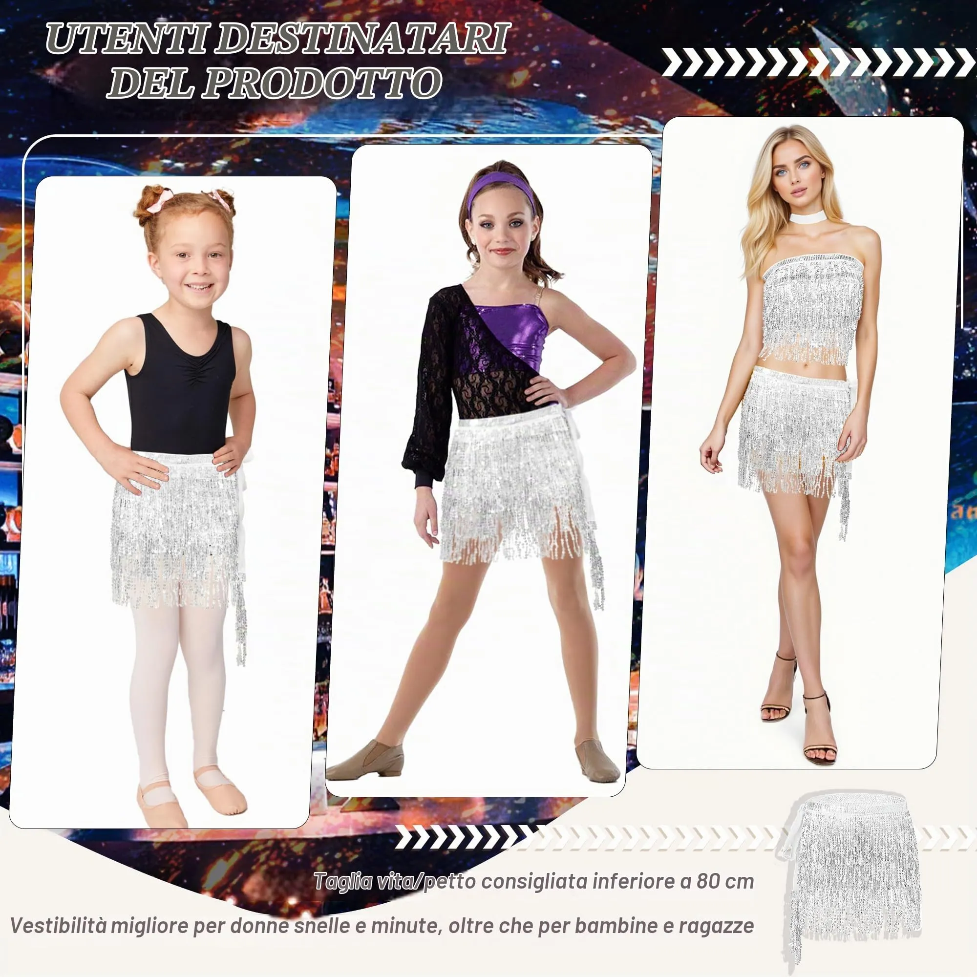 Baisdan Gonna con Paillettes e Nappe per Danza del Ventre, Argento - immagine 2