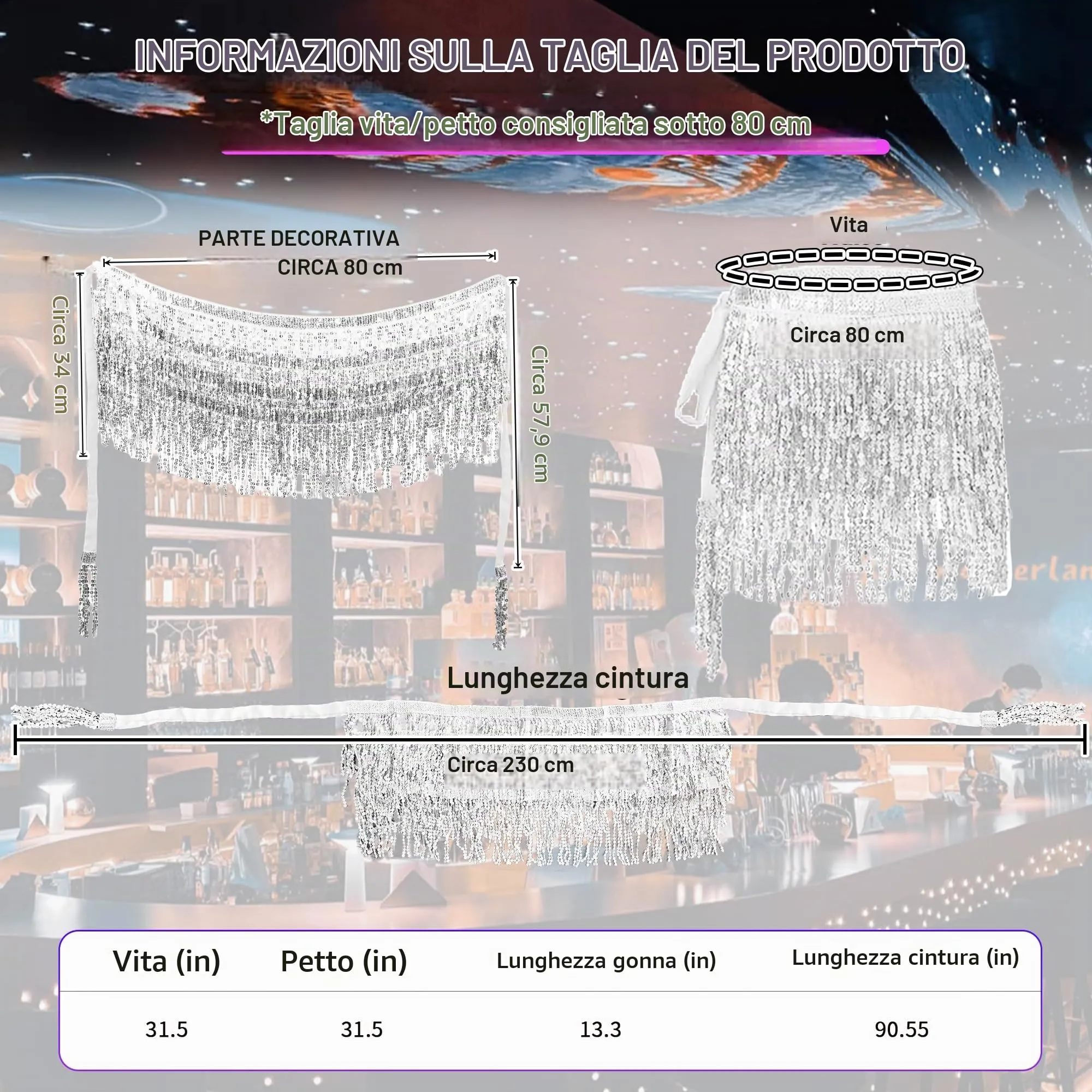 Baisdan Gonna con Paillettes e Nappe per Danza del Ventre, Argento - immagine 3