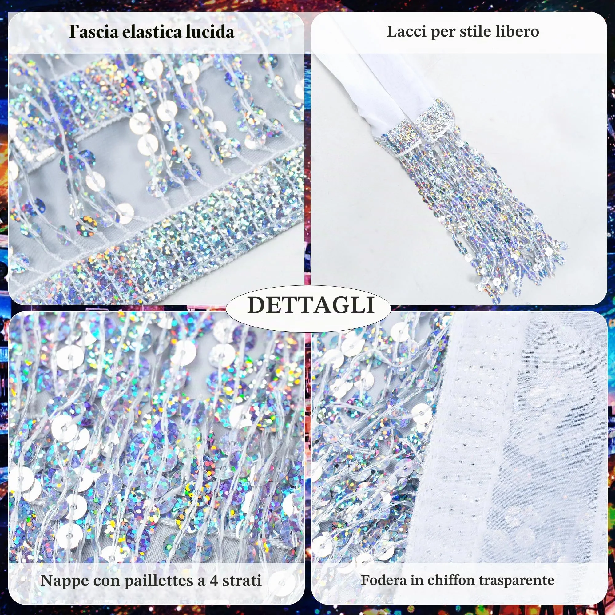 Baisdan Gonna con Paillettes e Nappe per Danza del Ventre, Argento - immagine 4