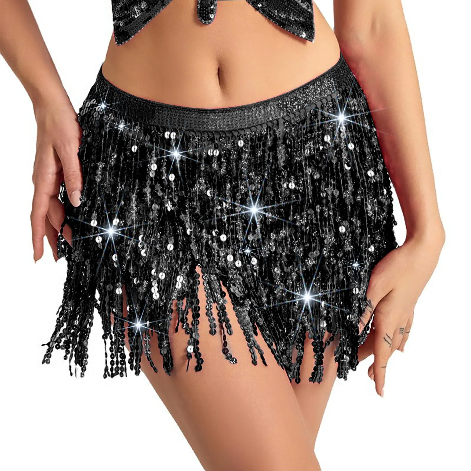 Baisdan Gonna con Paillettes e Nappe per Danza del Ventre, Nero - immagine 1