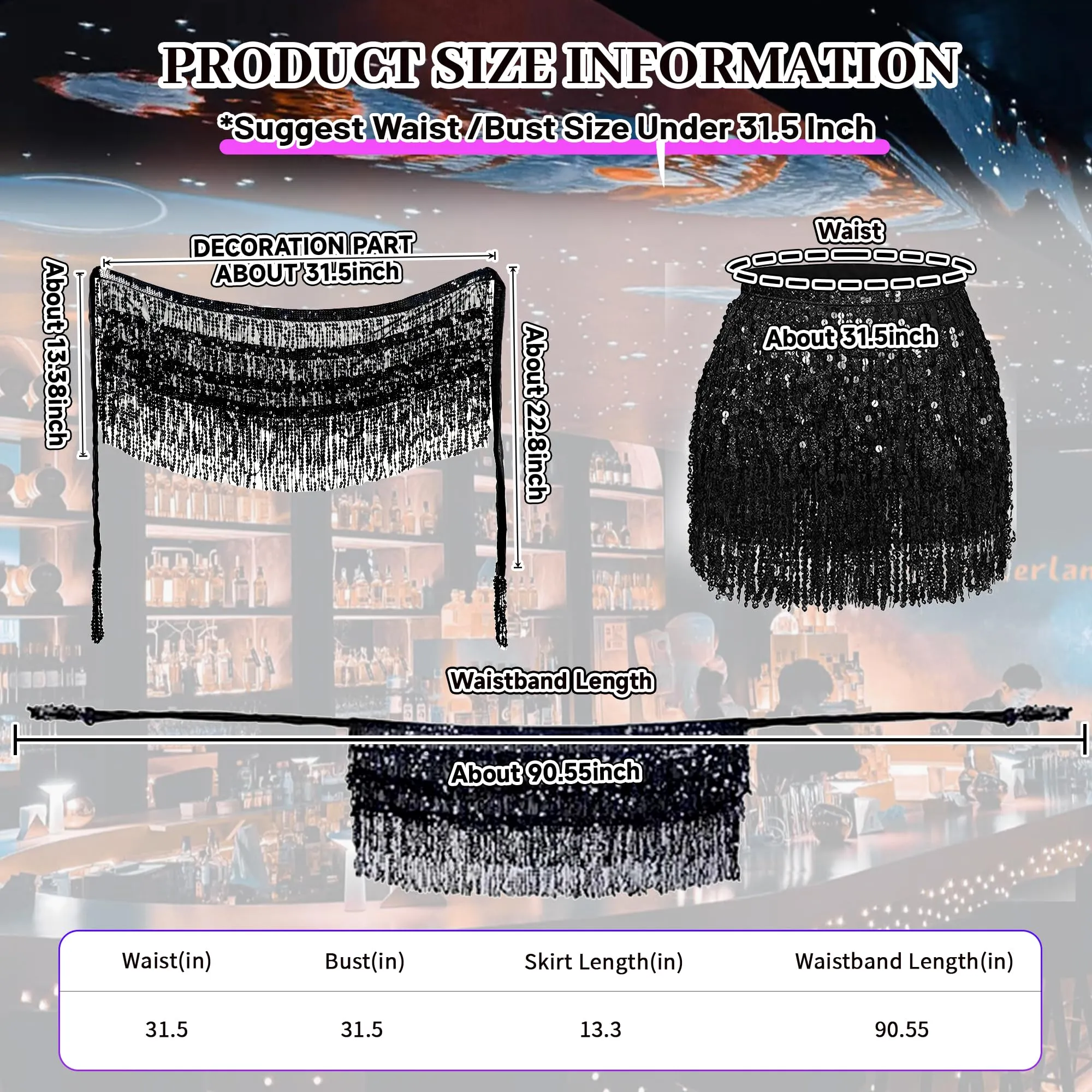 Baisdan Gonna con Paillettes e Nappe per Danza del Ventre, Nero - immagine 4