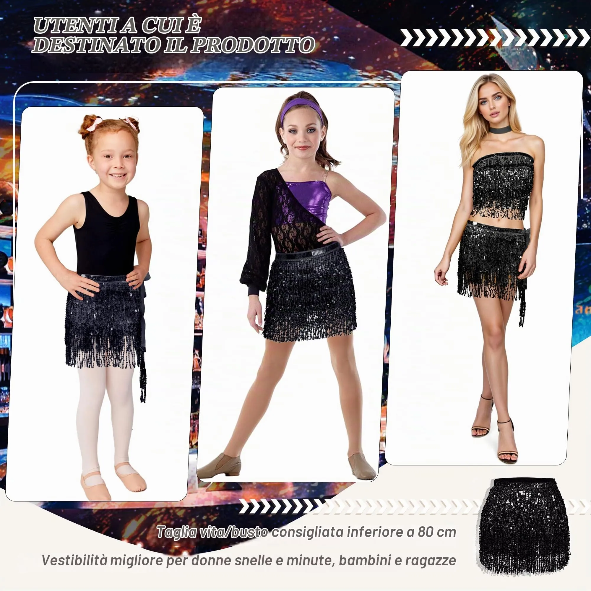 Baisdan Gonna con Paillettes e Nappe per Danza del Ventre, Nero - immagine 6
