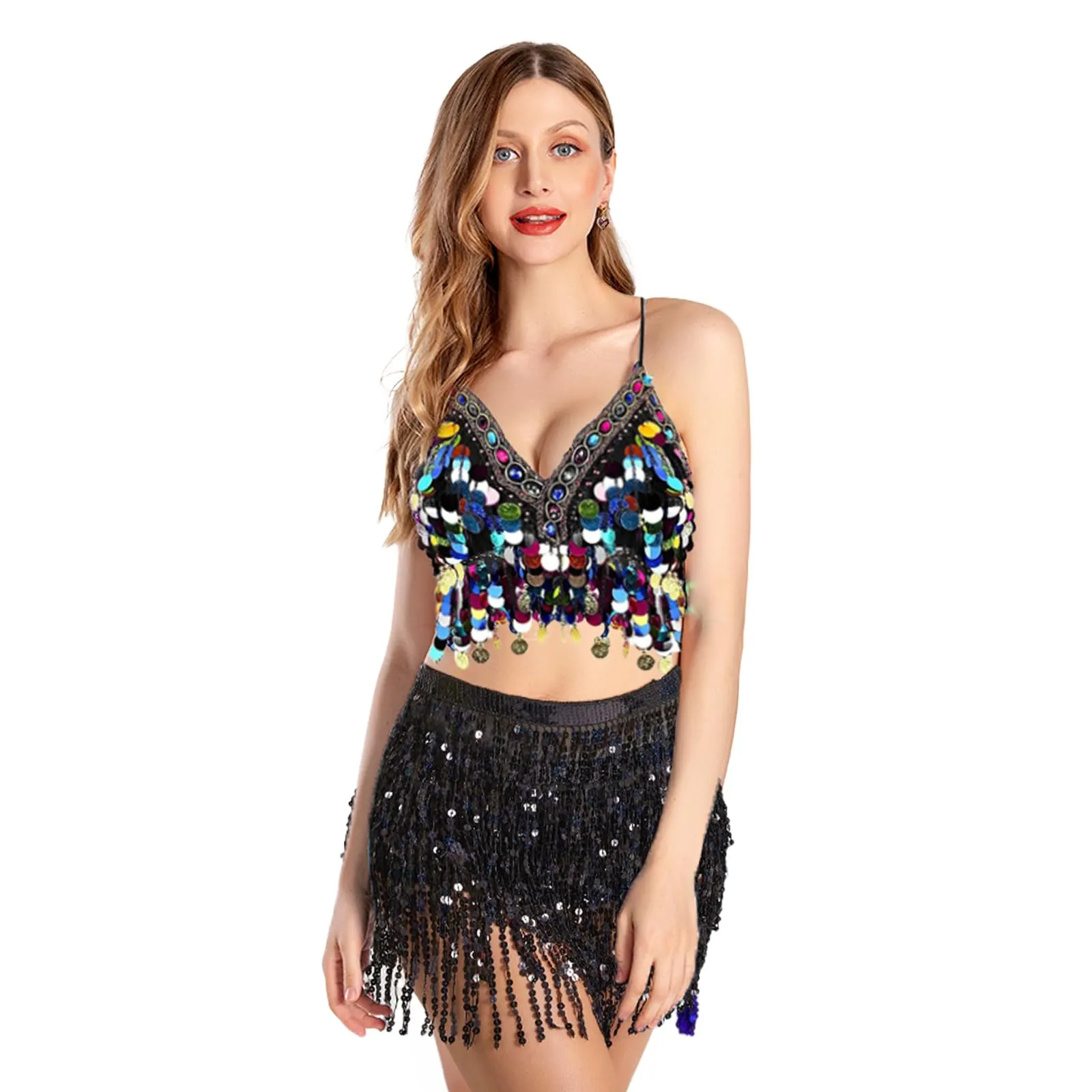 Baisdan Gonna con Paillettes e Nappe per Danza del Ventre, Nero - immagine 7