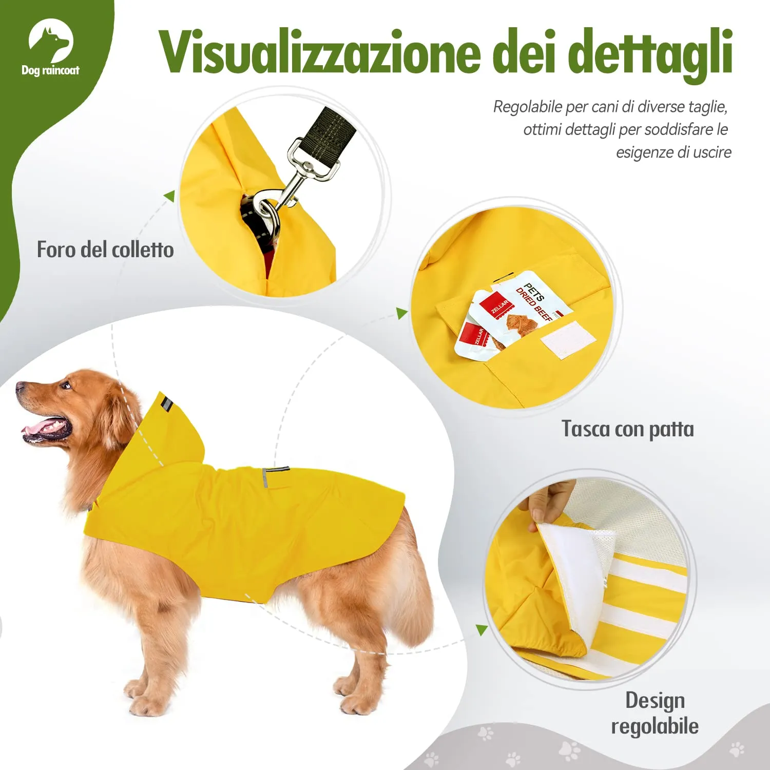 Zellar Impermeabile per Cani con Cappuccio, Foro per Colletto e Strisce Riflettenti, Giallo, Taglia 6XL - immagine 3