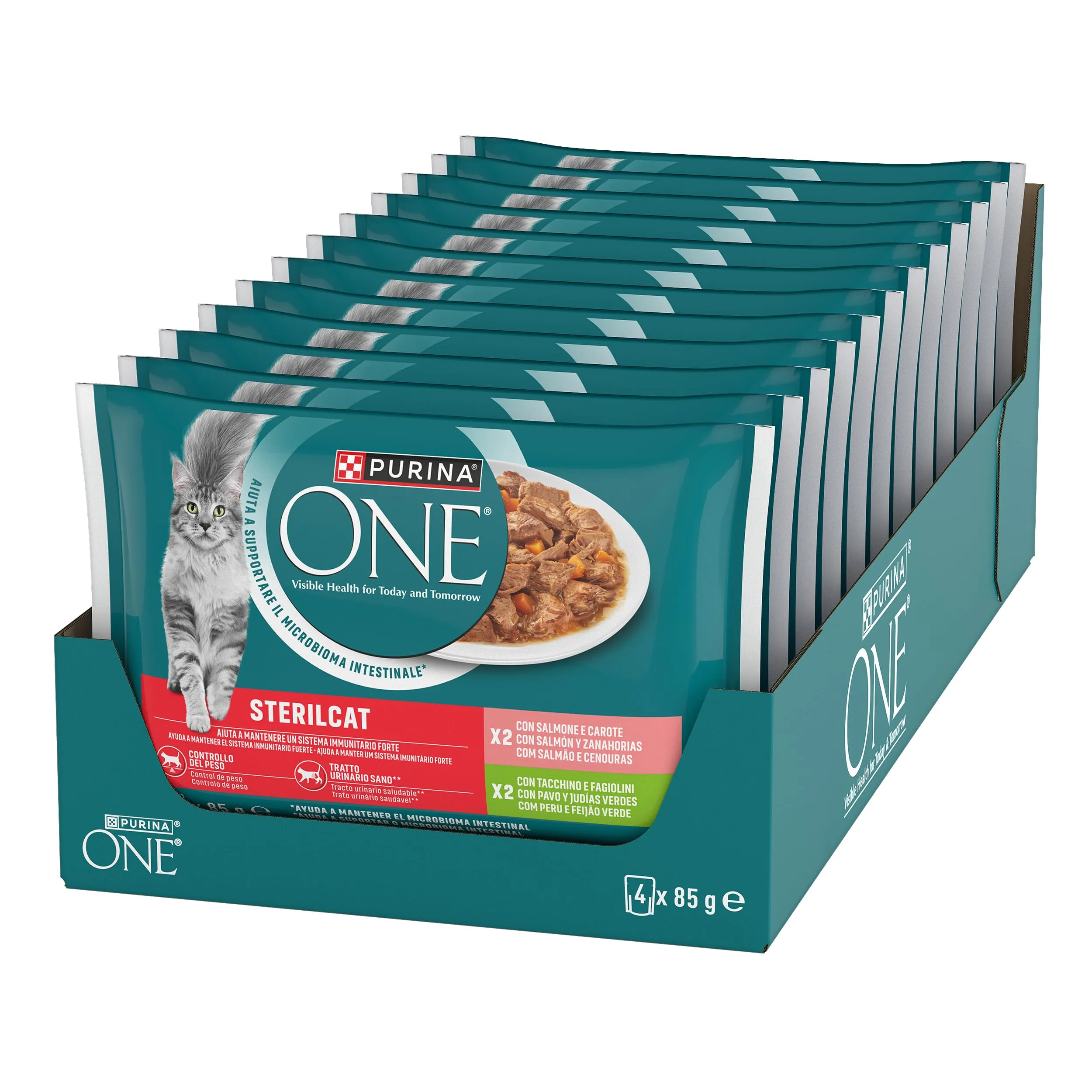Purina One Sterilcat Cibo Umido per Gatti Adulti Sterilizzati Filettini in Salsa con Salmone e Carote, Tacchino e Fagiolini, 48 Buste da 85g - immagine 2
