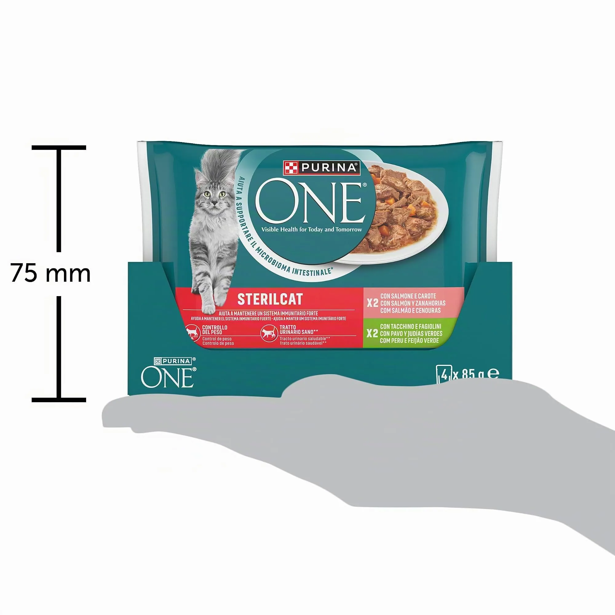 Purina One Sterilcat Cibo Umido per Gatti Adulti Sterilizzati Filettini in Salsa con Salmone e Carote, Tacchino e Fagiolini, 48 Buste da 85g - immagine 3