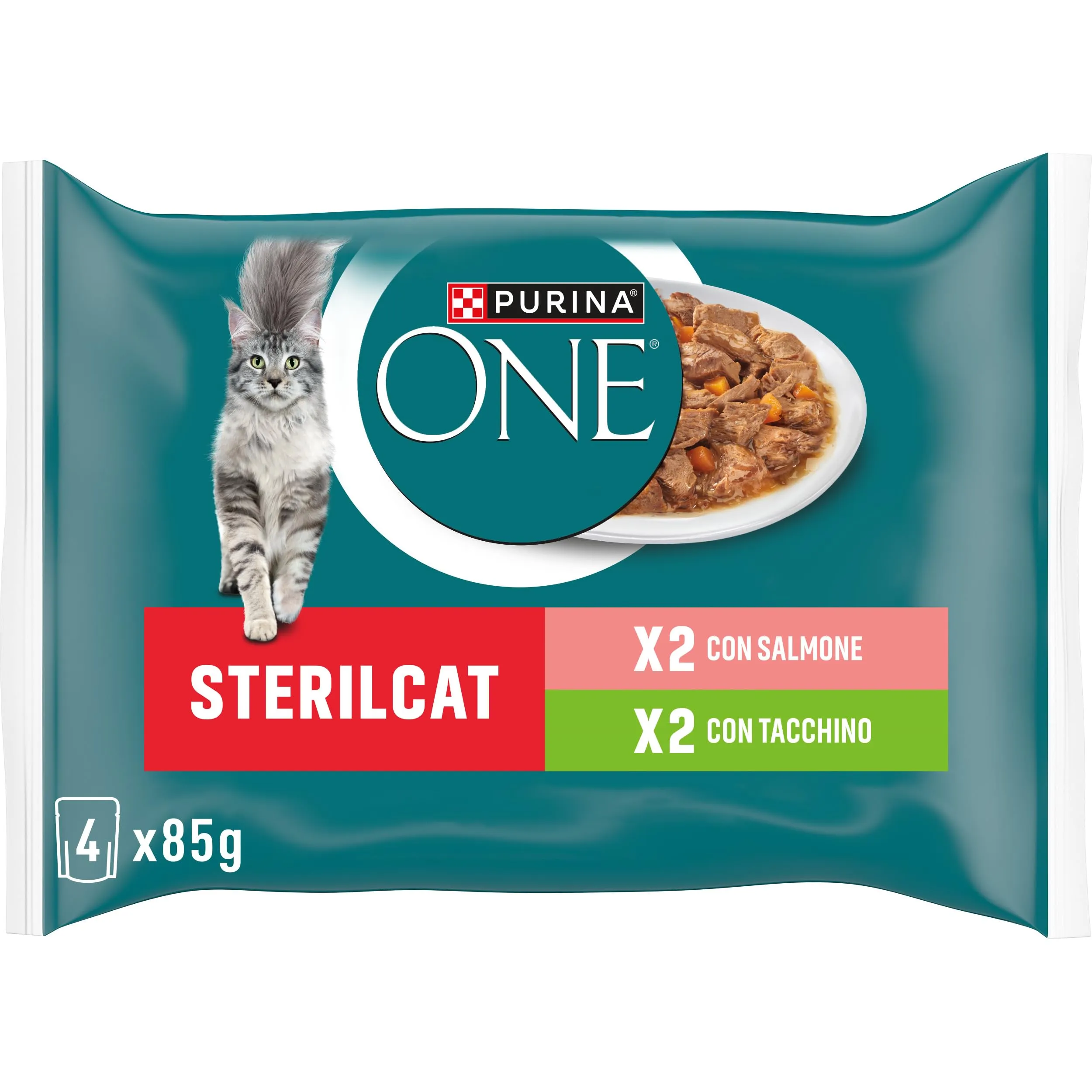 Purina One Sterilcat Cibo Umido per Gatti Adulti Sterilizzati Filettini in Salsa con Salmone e Carote, Tacchino e Fagiolini, 48 Buste da 85g - immagine 4