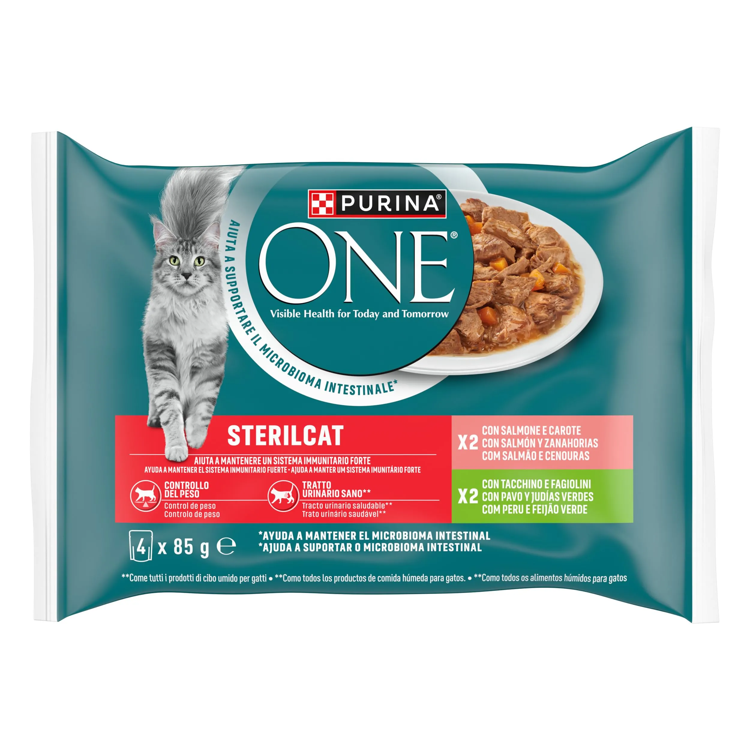 Purina One Sterilcat Cibo Umido per Gatti Adulti Sterilizzati Filettini in Salsa con Salmone e Carote, Tacchino e Fagiolini, 48 Buste da 85g - immagine 5