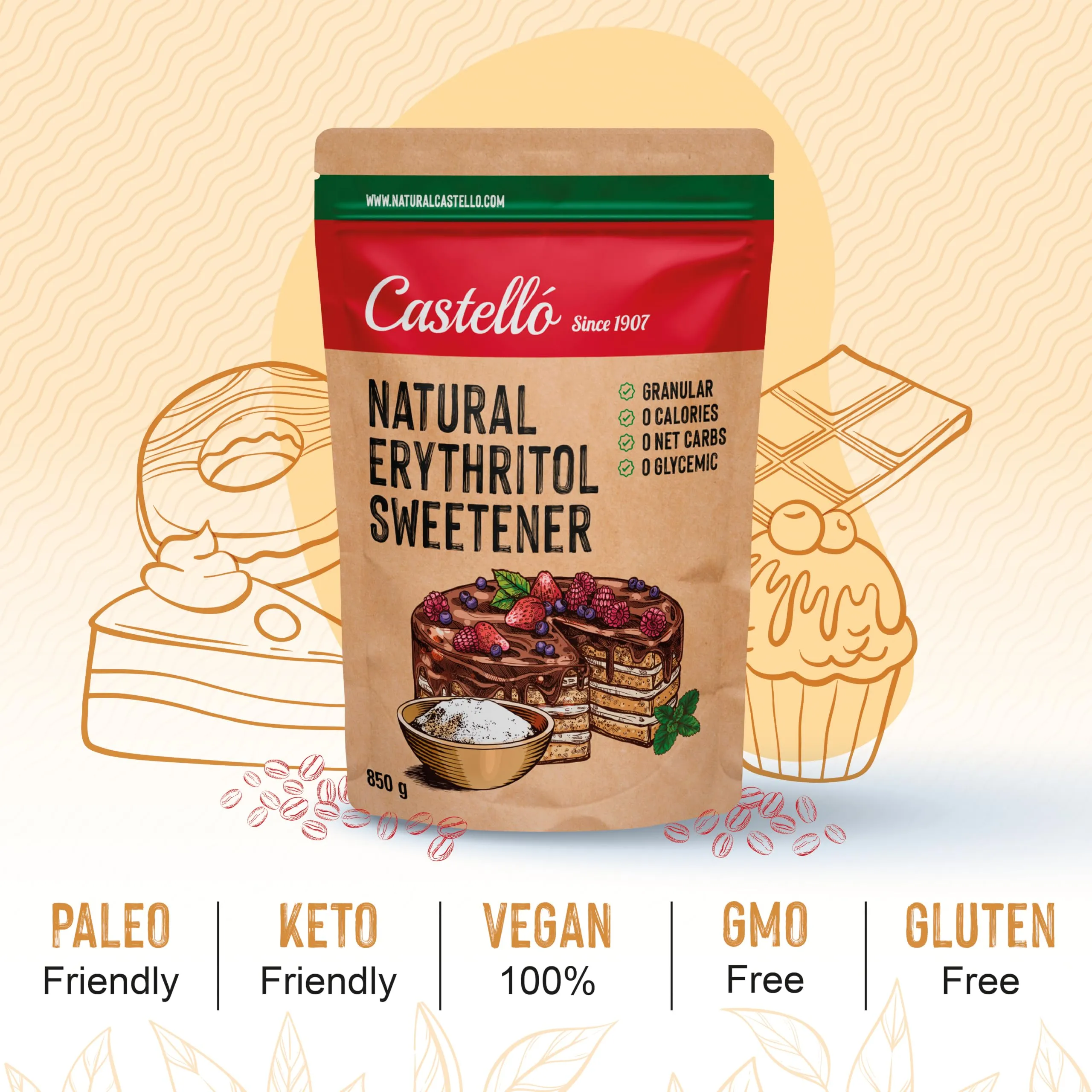 Castello since 1907 Eritritolo, Dolcificante Naturale Granulato, 850 g - immagine 2