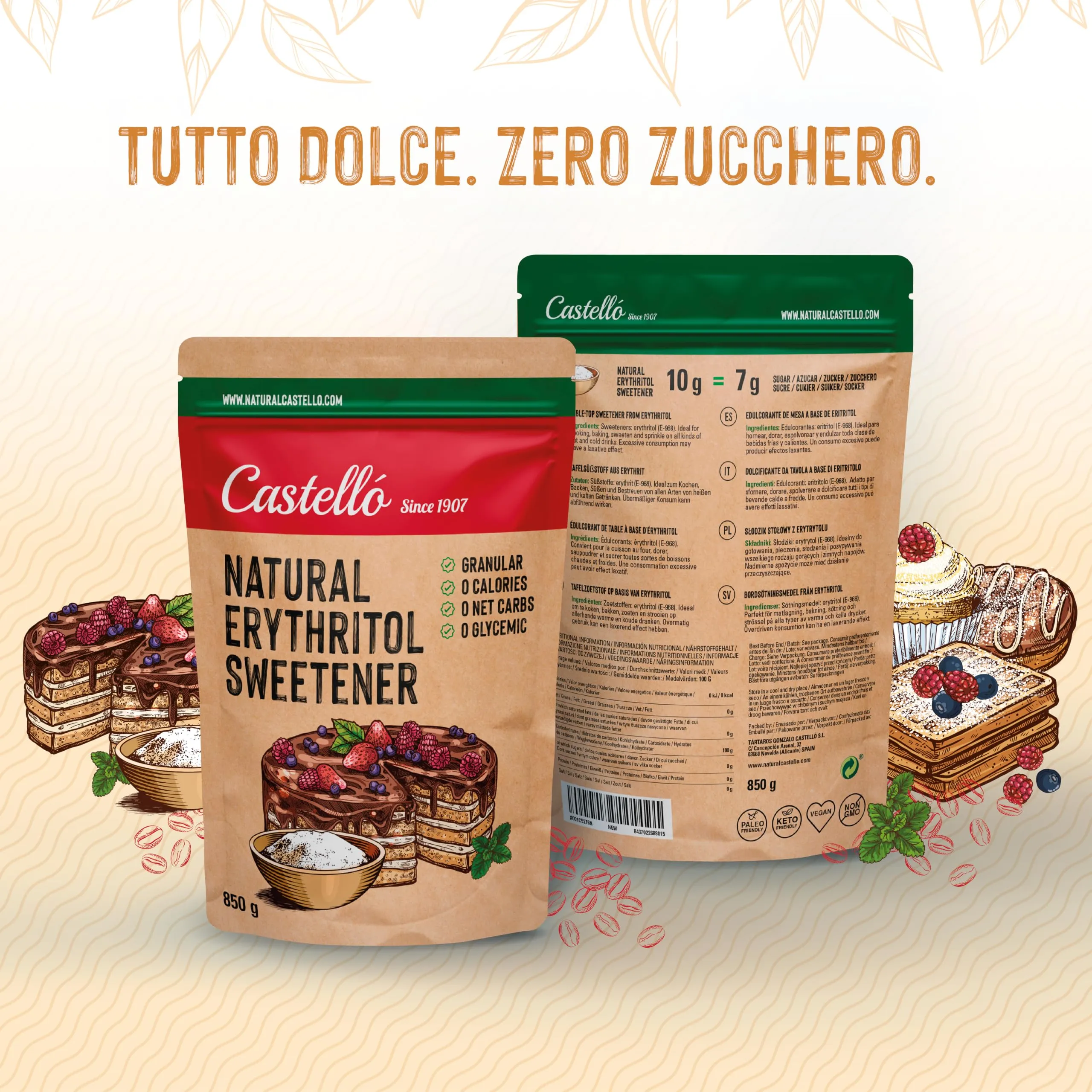 Castello since 1907 Eritritolo, Dolcificante Naturale Granulato, 850 g - immagine 3