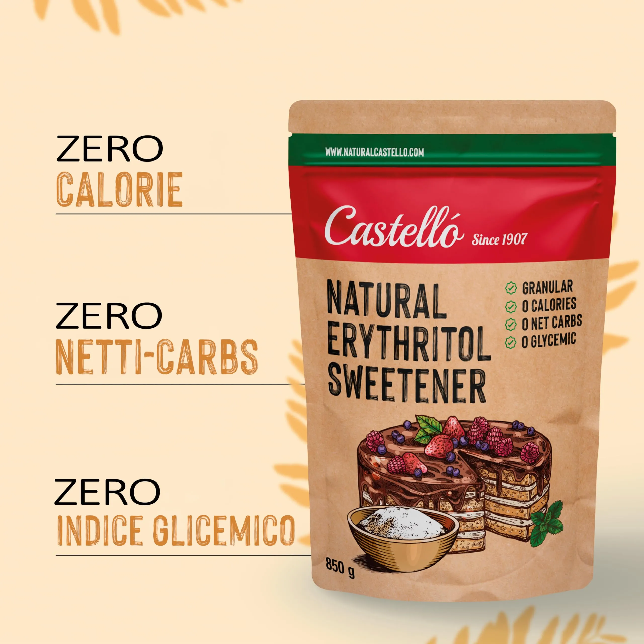 Castello since 1907 Eritritolo, Dolcificante Naturale Granulato, 850 g - immagine 5
