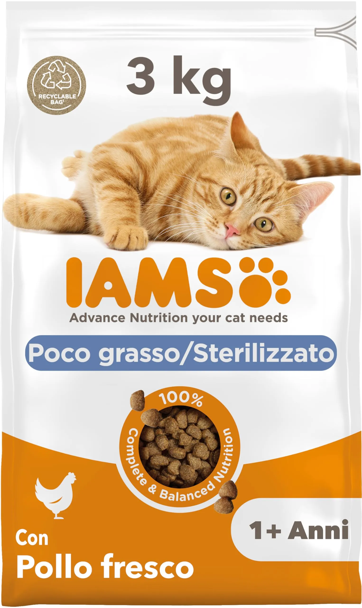 IAMS Poco grasso/Sterilizzato - Cibo secco per gatti adulti, 3 kg - immagine 1