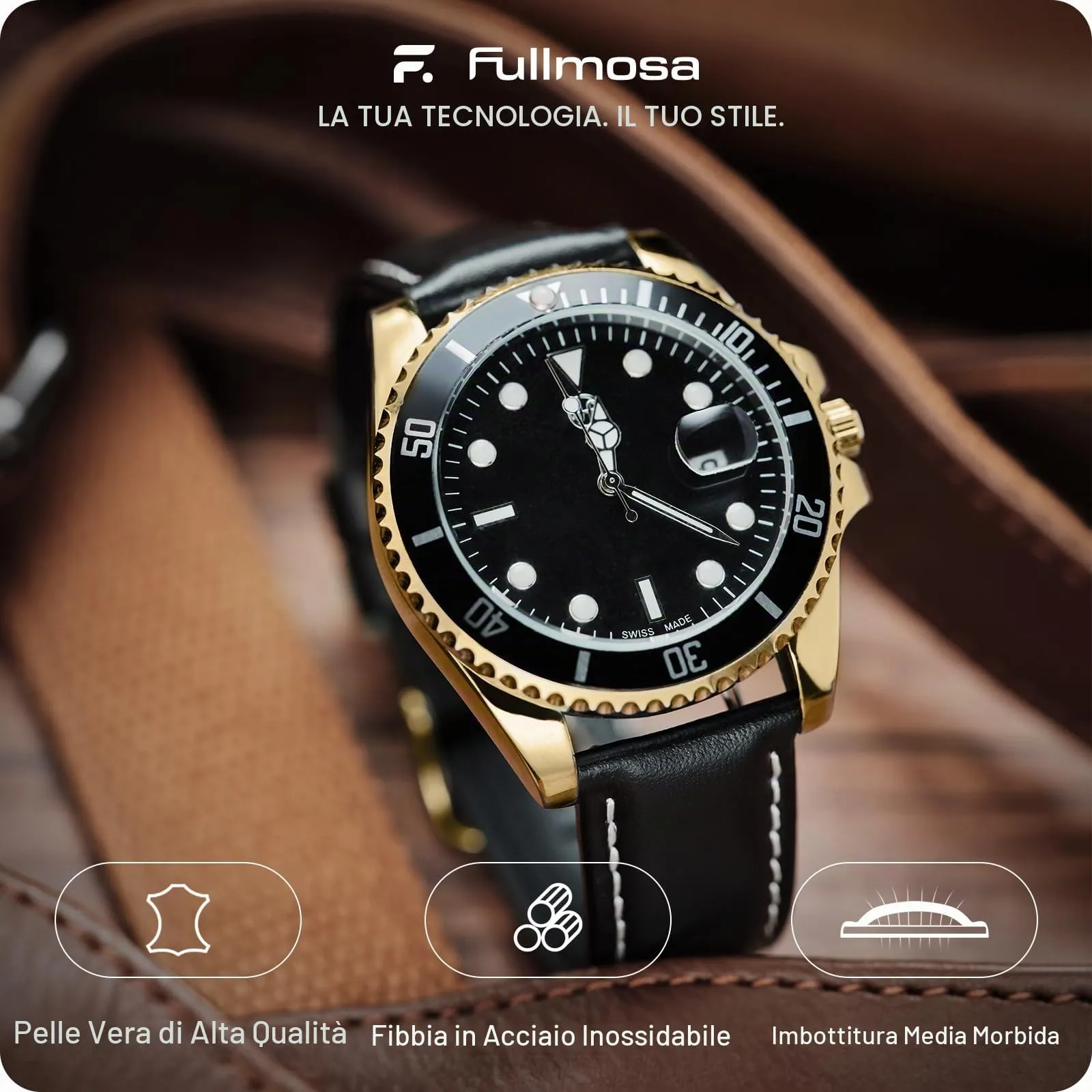 Fullmosa Cinturino in Pelle 22mm a Sgancio Rapido, O-Nero - immagine 2