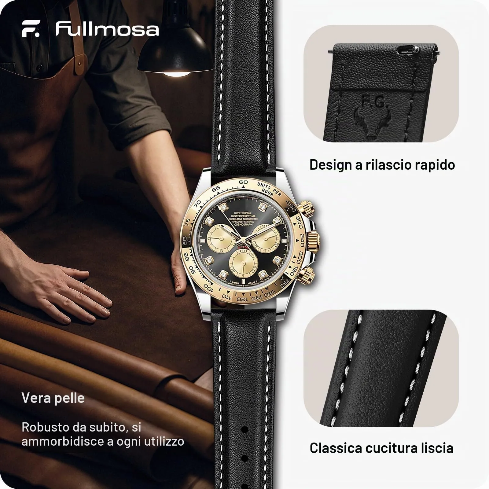 Fullmosa Cinturino in Pelle 22mm a Sgancio Rapido, O-Nero - immagine 4