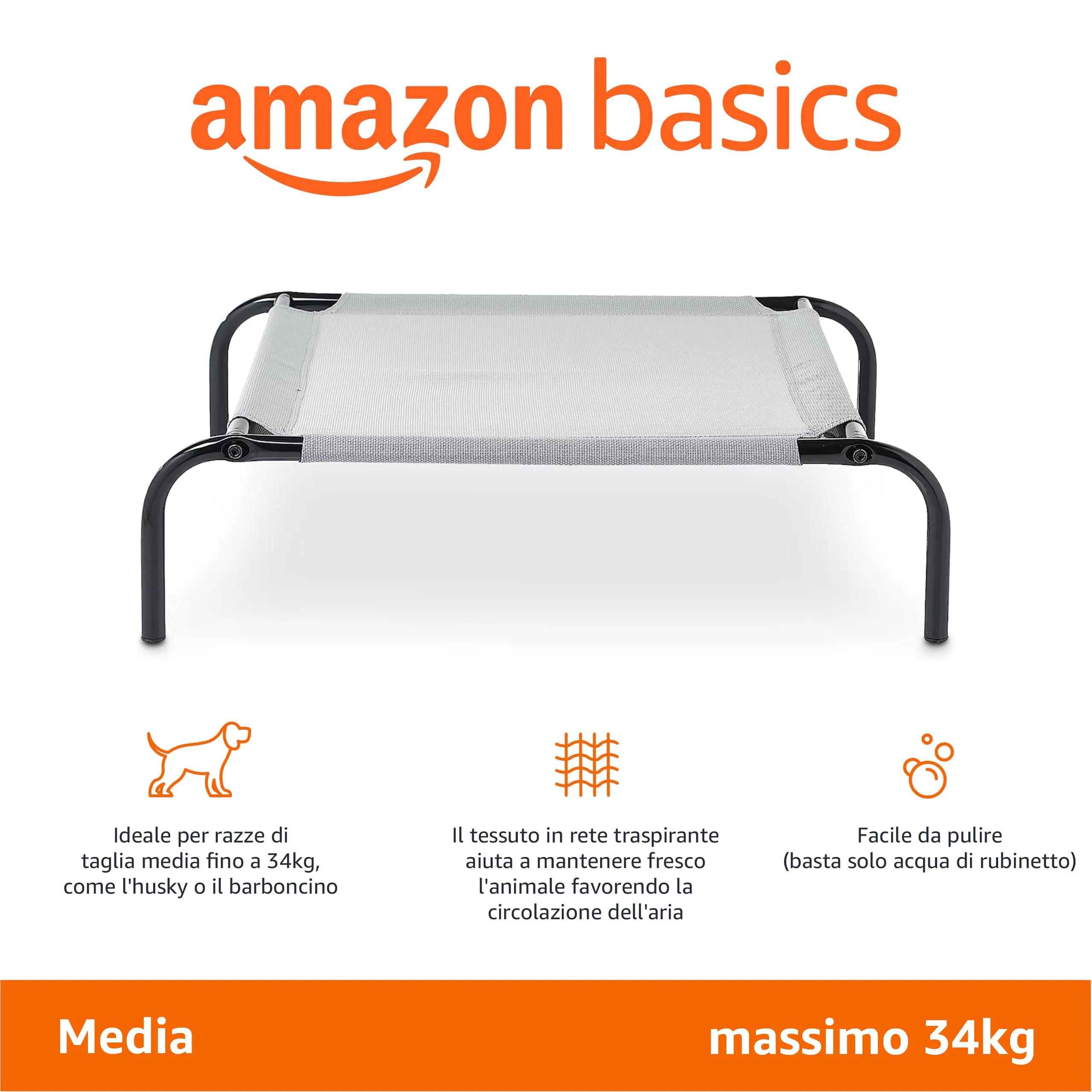 Amazon Basics Lettino Rialzato per Animali Domestici, Stoffa, Grigio, Misura M, 110 x 65 x 19 cm - immagine 2