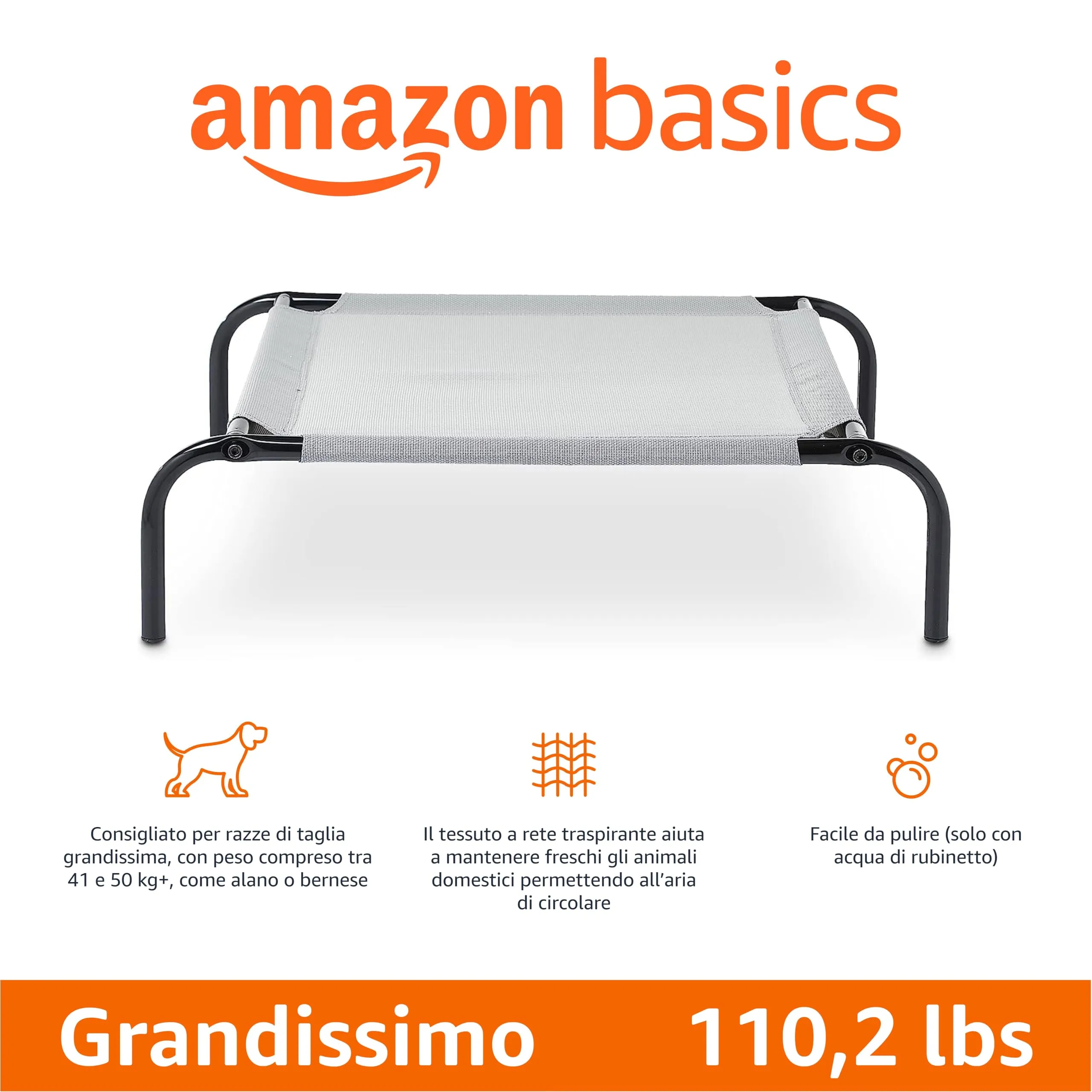 Amazon Basics Lettino Rialzato per Animali Domestici, XL, Grigio, 153 x 94 x 23 cm - immagine 2