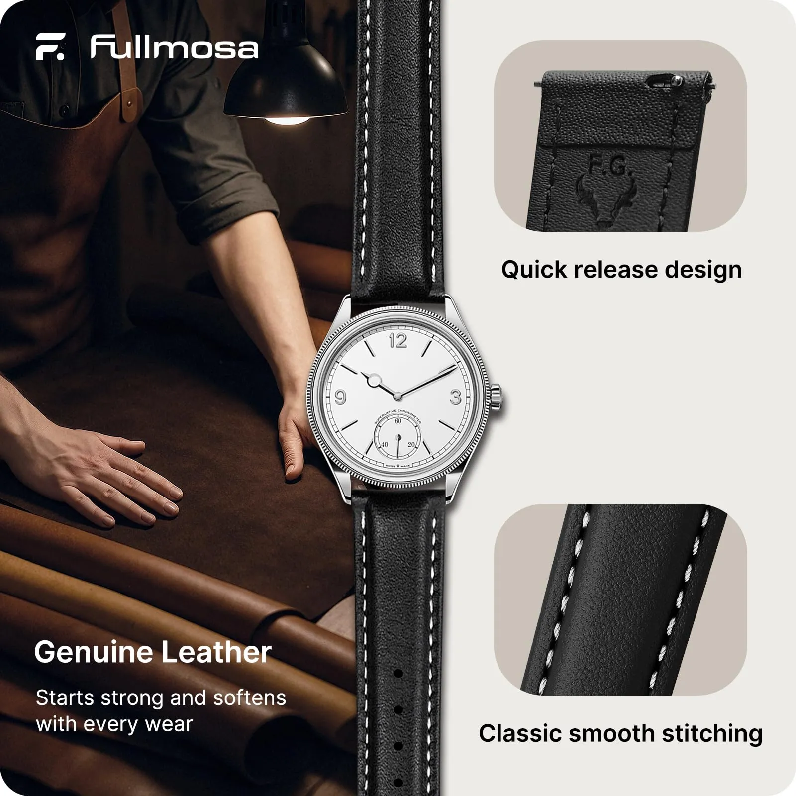 Fullmosa Cinturino per Orologio 14mm in Pelle a Sgancio Rapido, Nero - immagine 4