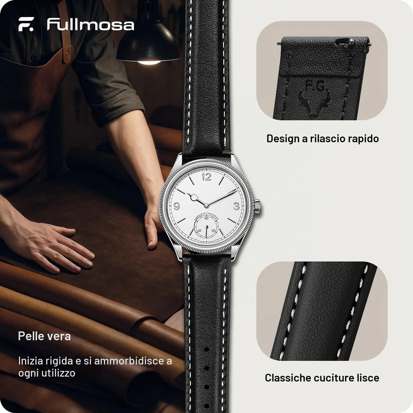 Fullmosa Cinturino per Orologio 16mm in Pelle a Sgancio Rapido, Nero - immagine 4