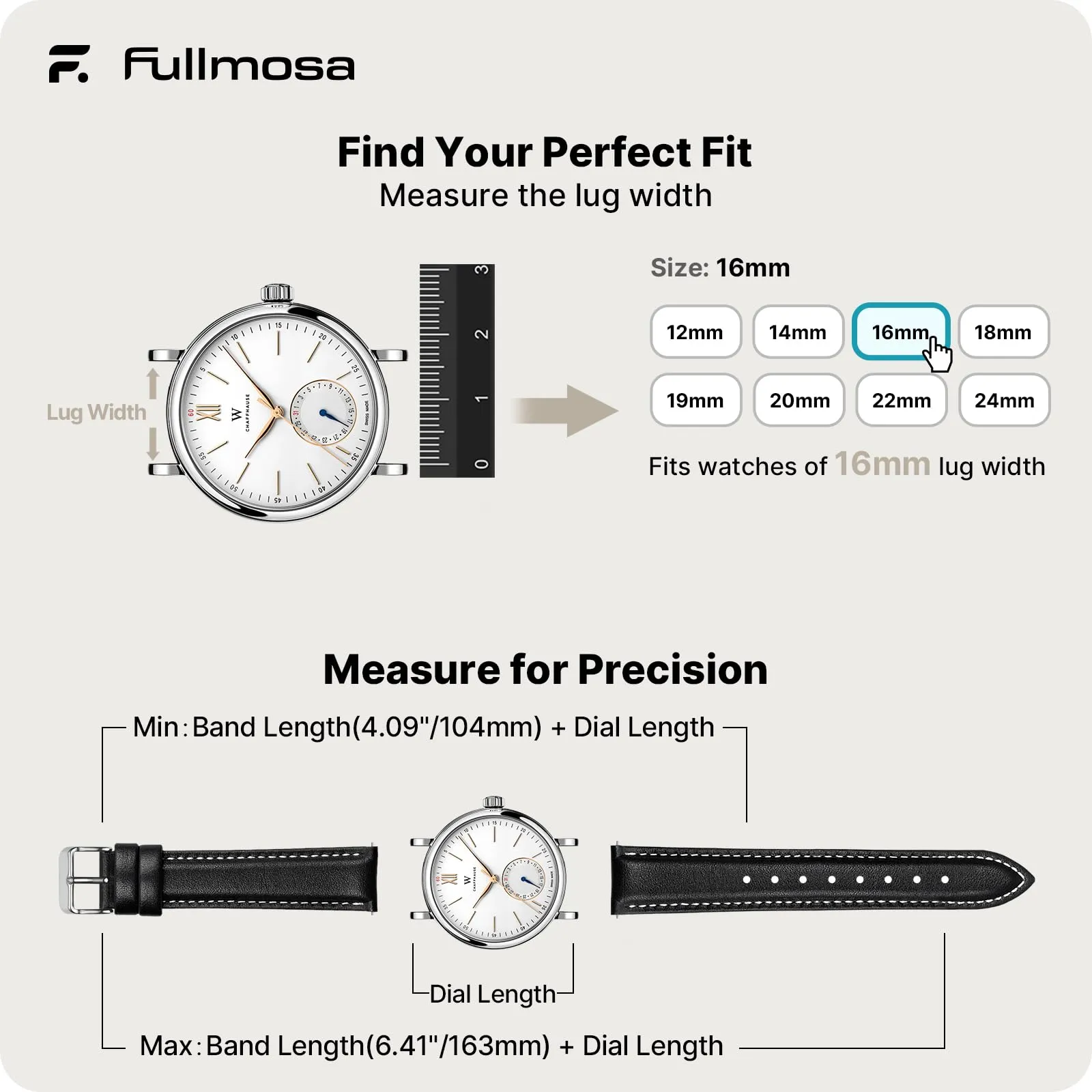 Fullmosa Cinturino per Orologio 16mm in Pelle a Sgancio Rapido, Nero - immagine 5