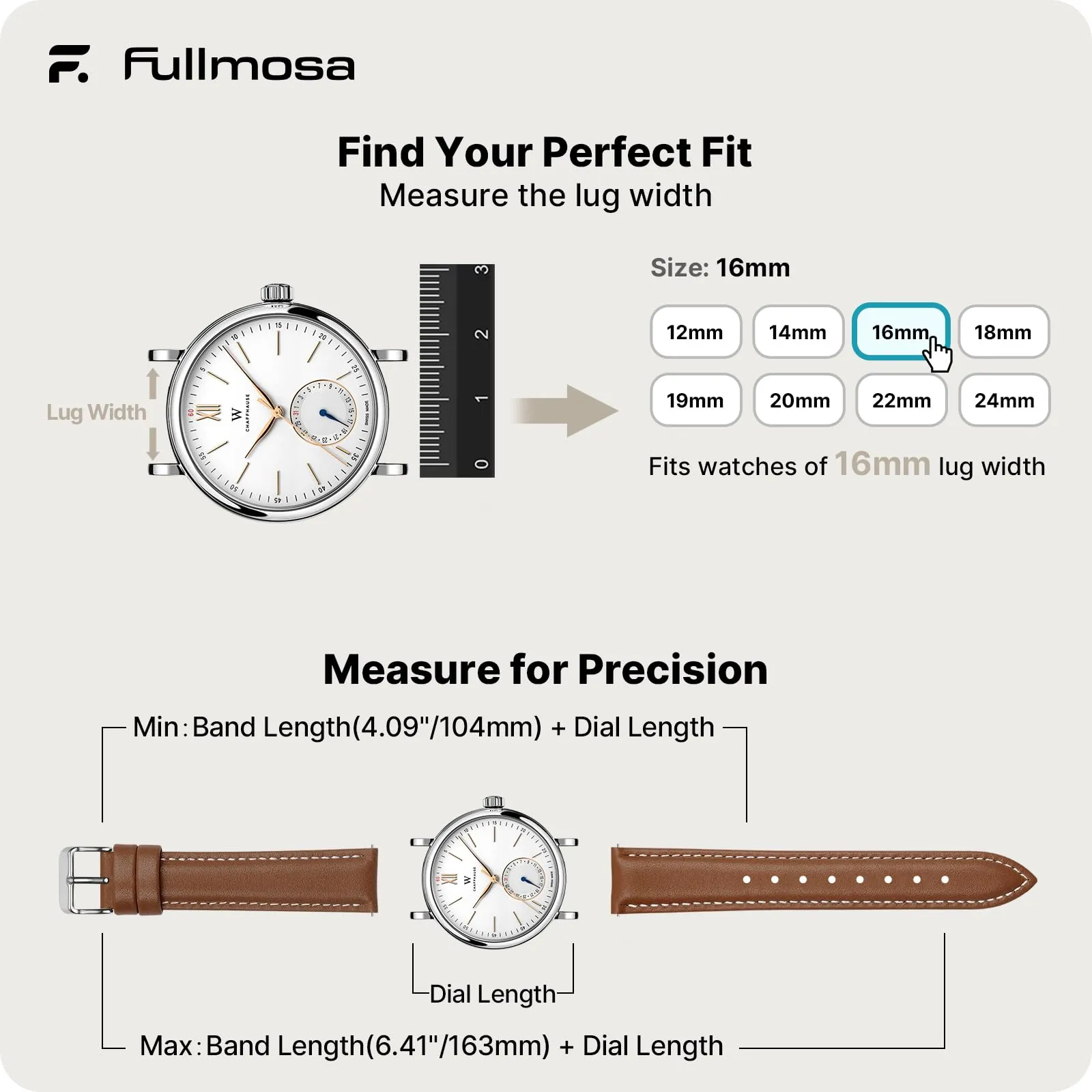 Fullmosa Cinturino per Orologio 16mm in Pelle a Sgancio Rapido, Marrone - immagine 5