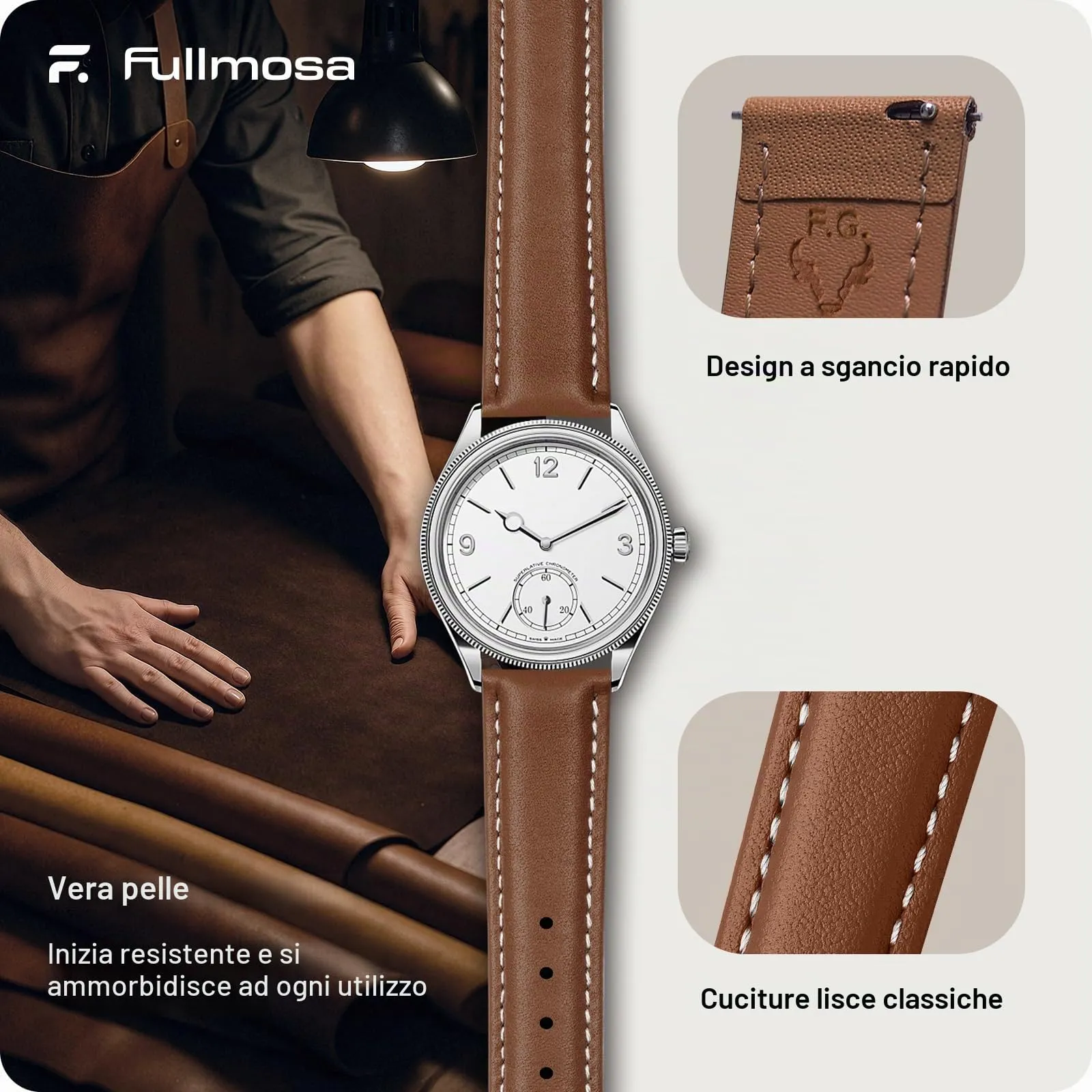 Fullmosa Cinturino per Orologio 14mm in Pelle a Sgancio Rapido, Marrone - immagine 4